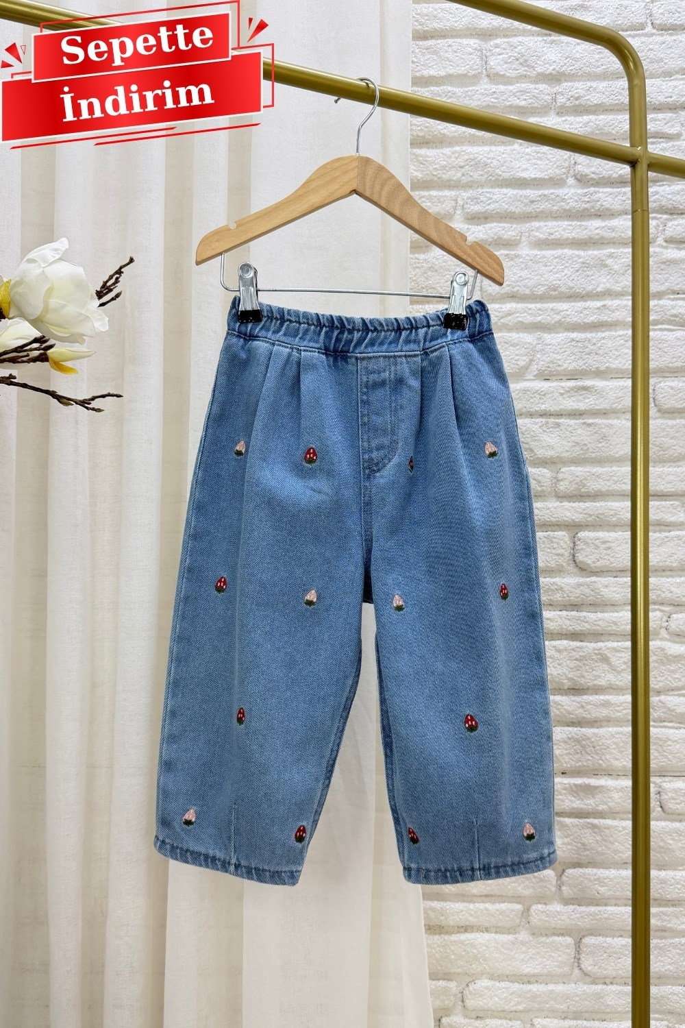 Kız Çocuk Laciel Çilek Nakışlı Baloon Jean Pantolon