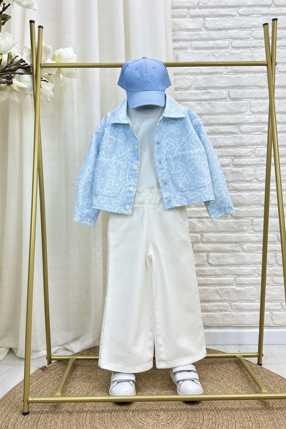 Kız Çocuk Mavi Çiçekli Denim İkili Takım