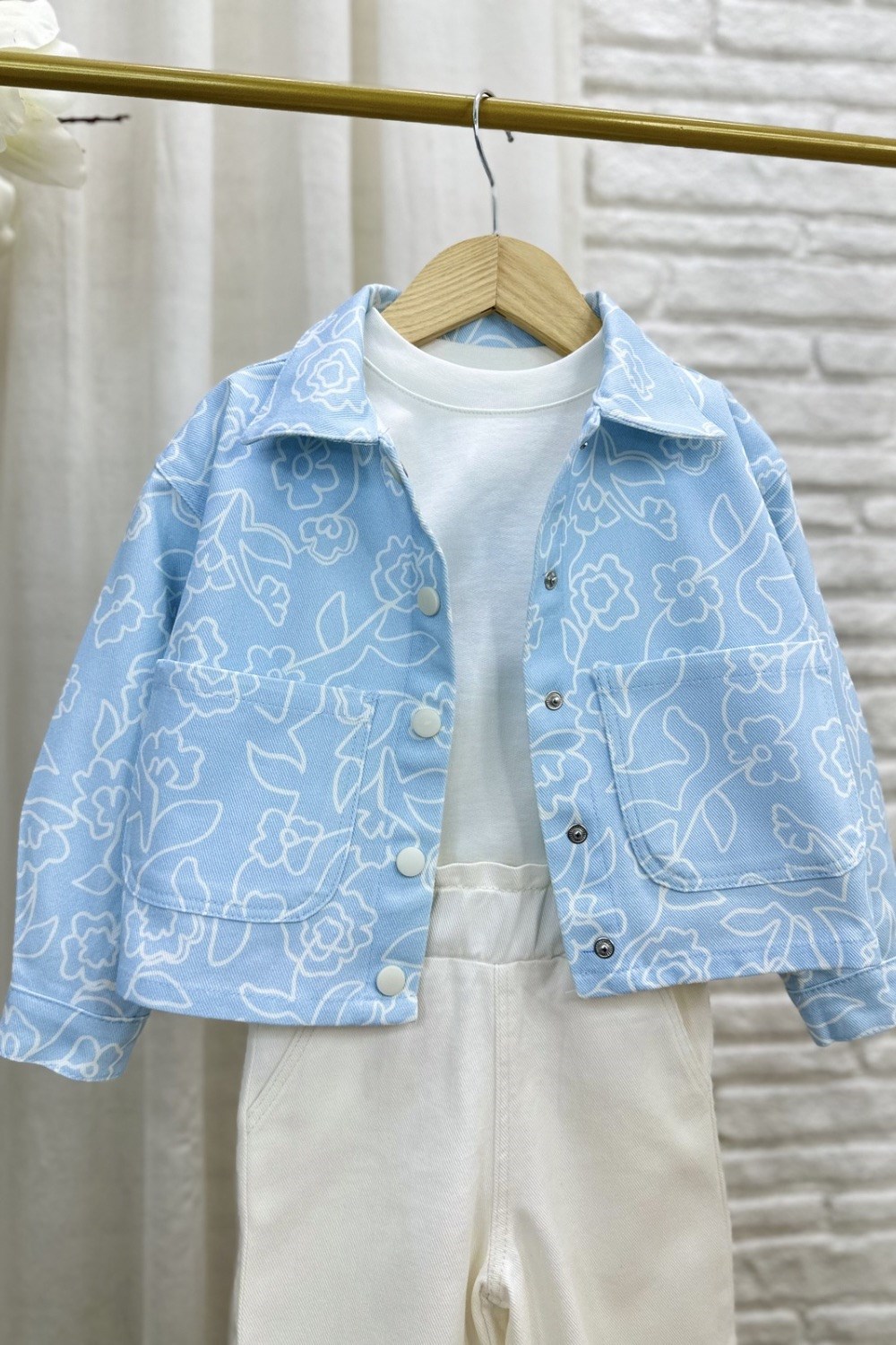 Kız Çocuk Mavi Çiçekli Denim İkili Takım