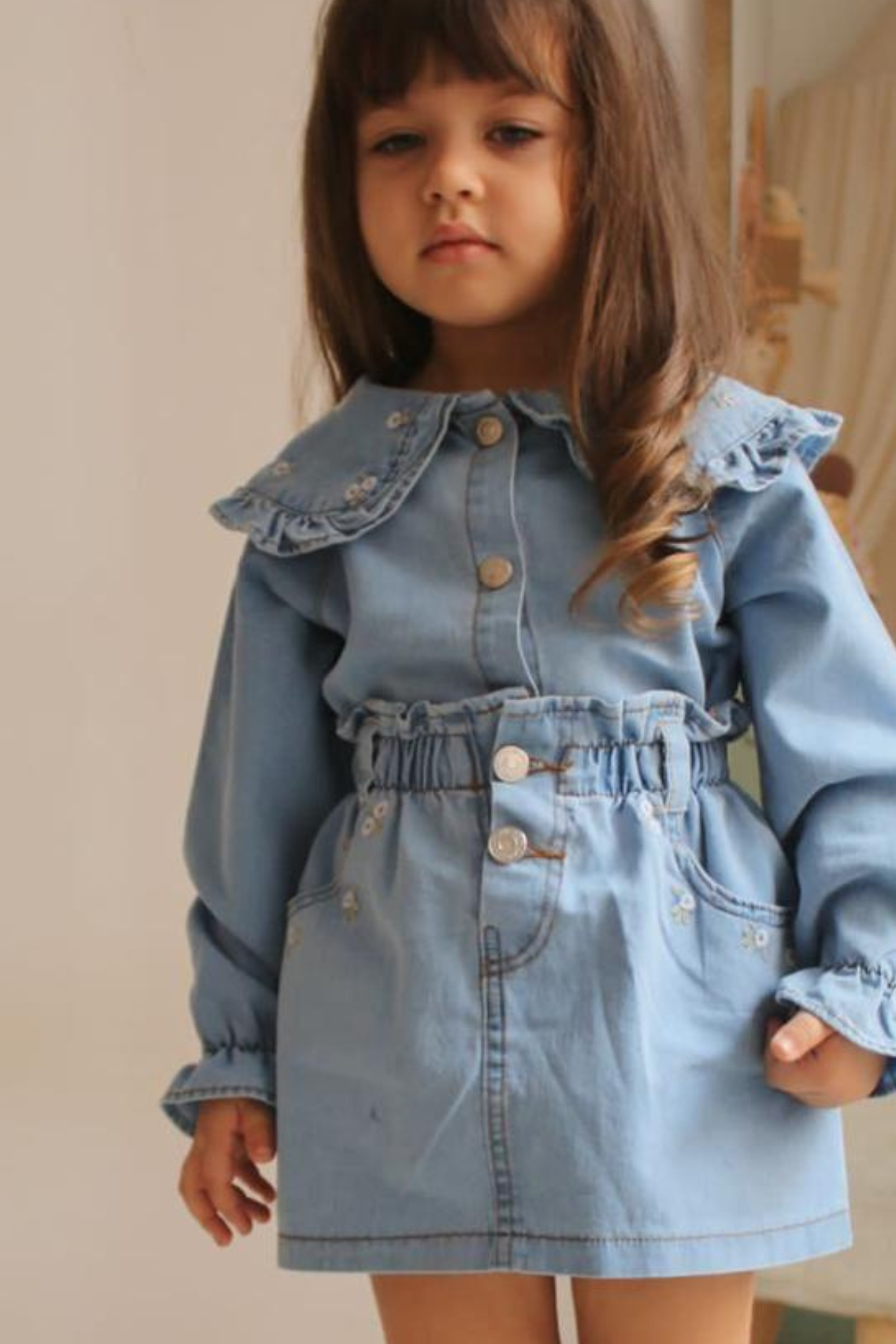 Kız Çocuk Mavi Denim Etekli Takım