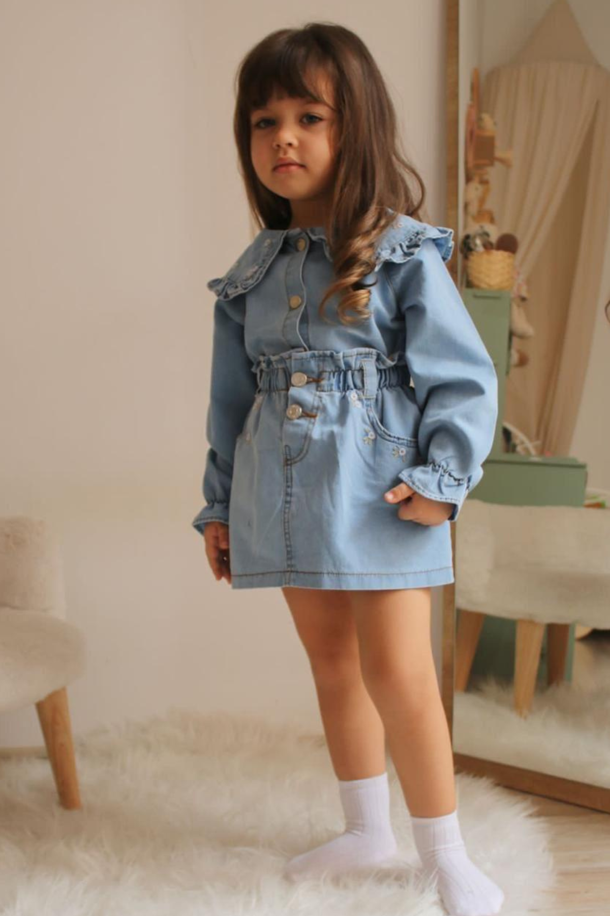 Kız Çocuk Mavi Denim Etekli Takım