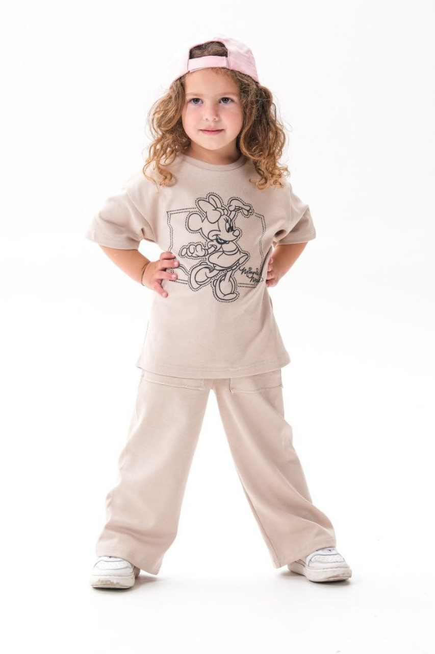 Kız Çocuk 1-12 Yaş Minnie Krem Tshirt Yaz Takım