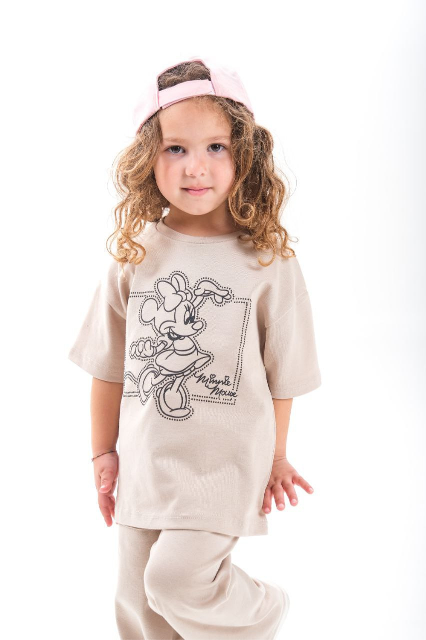 Kız Çocuk 1-12 Yaş Minnie Krem Tshirt Yaz Takım