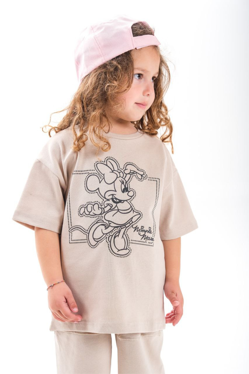 Kız Çocuk 1-12 Yaş Minnie Krem Tshirt Yaz Takım