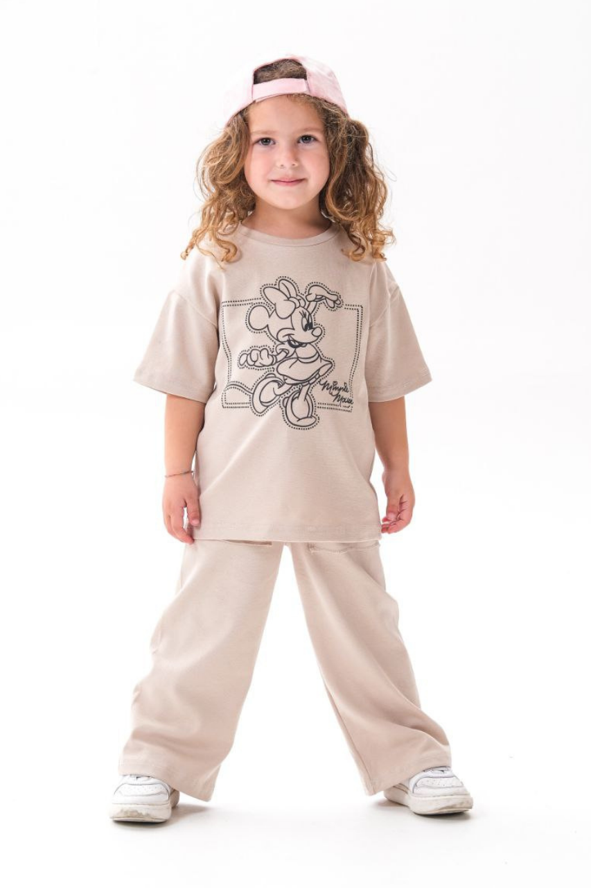 Kız Çocuk 1-12 Yaş Minnie Krem Tshirt Yaz Takım