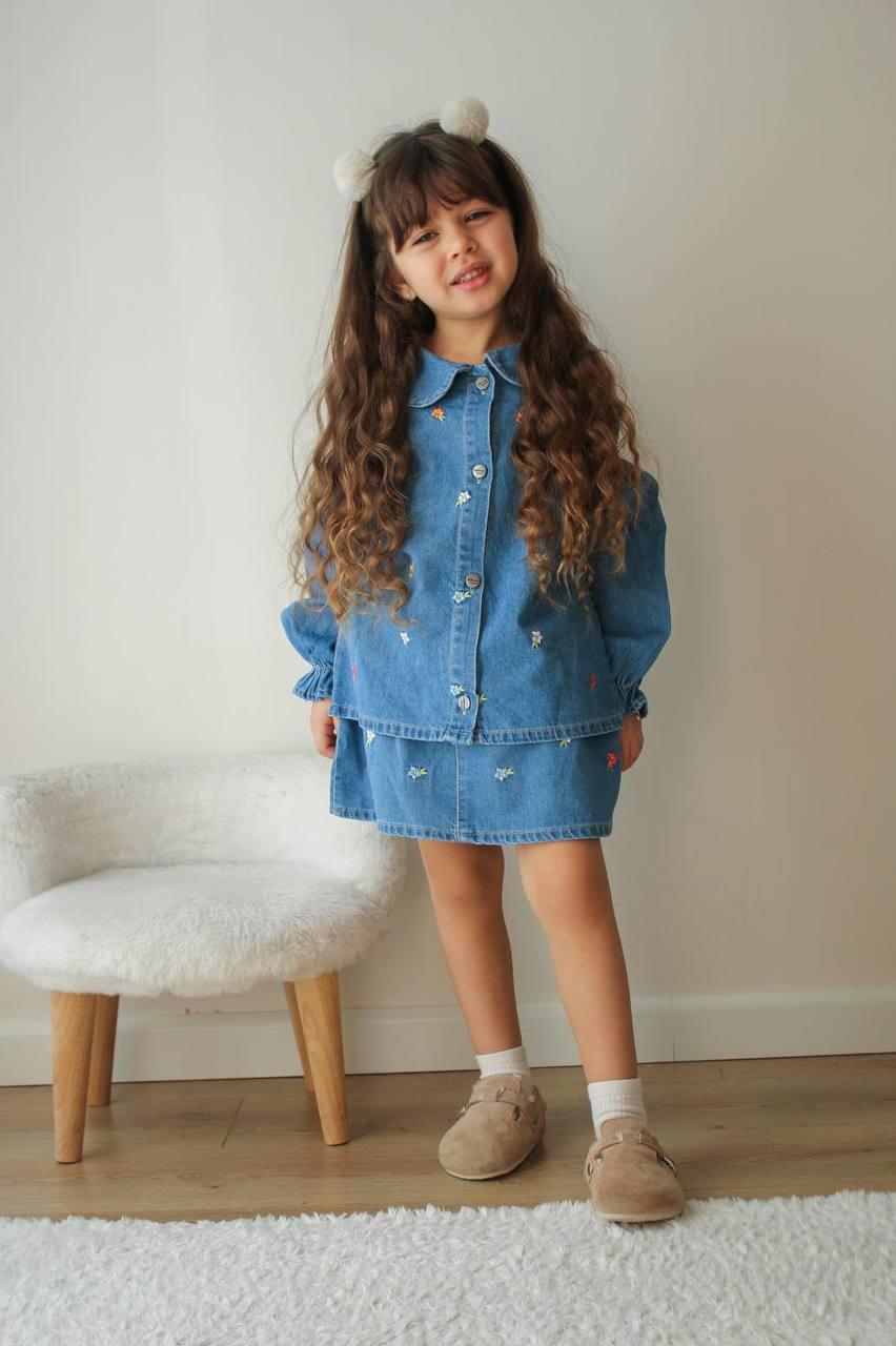 Kız Çocuk Nakış Çiçek Detaylı Etekli Denim Takım