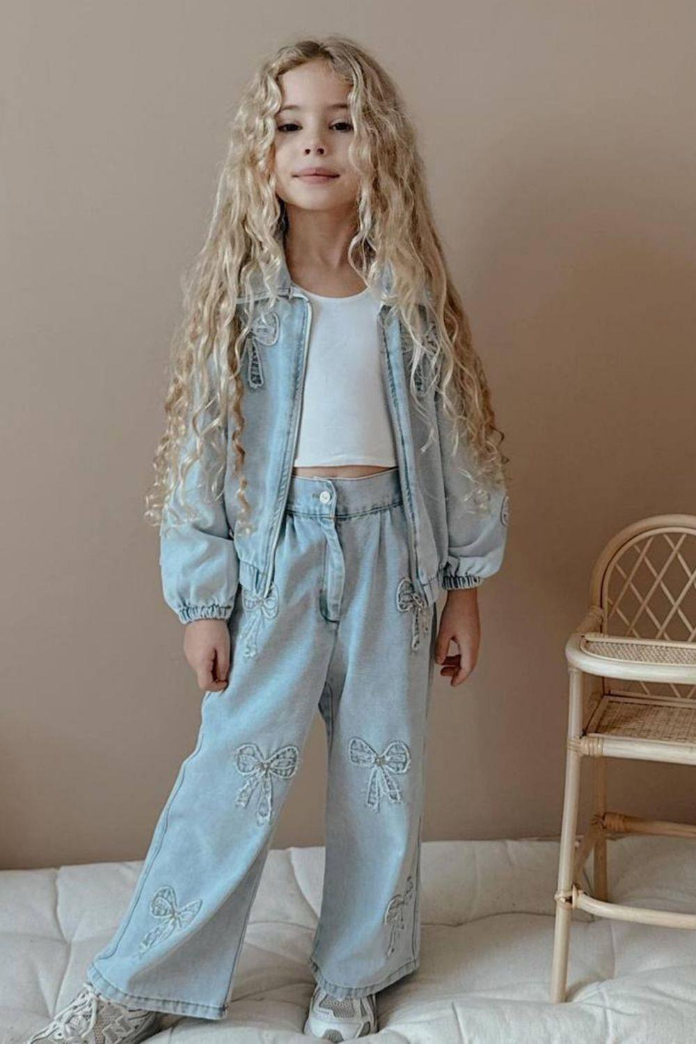 Kız Çocuk Nakış Fiyonklu Denim Takım
