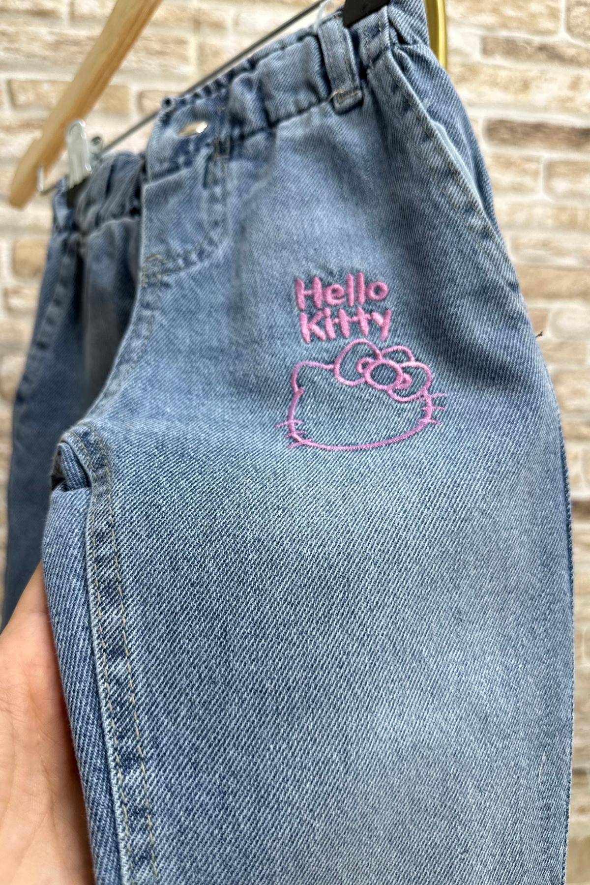 Kız Çocuk Nakışlı Hello Kity Jean Pantolon