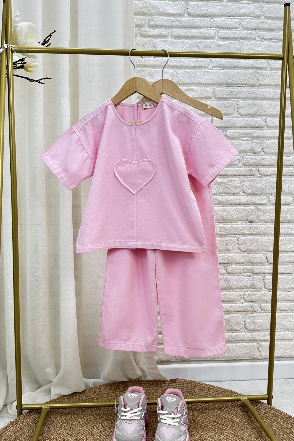 Kız Çocuk Özel Seri Gabardin Pembe Kalpli Takım