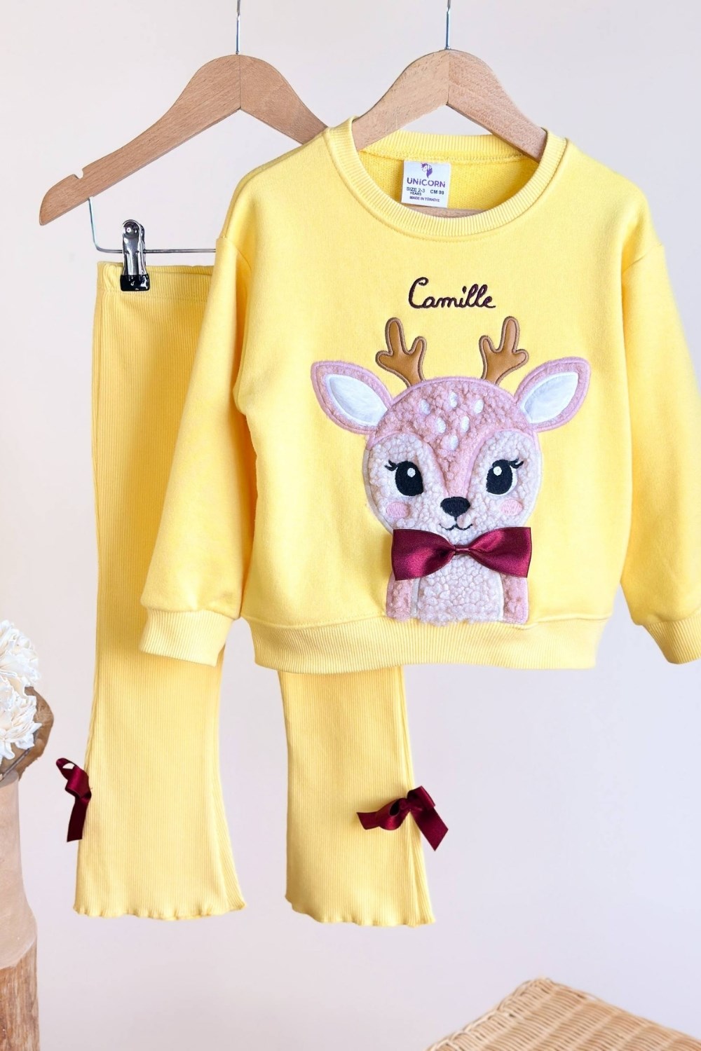 Kız Çocuk Peluş Geyikli Sarı Taytlı Takım