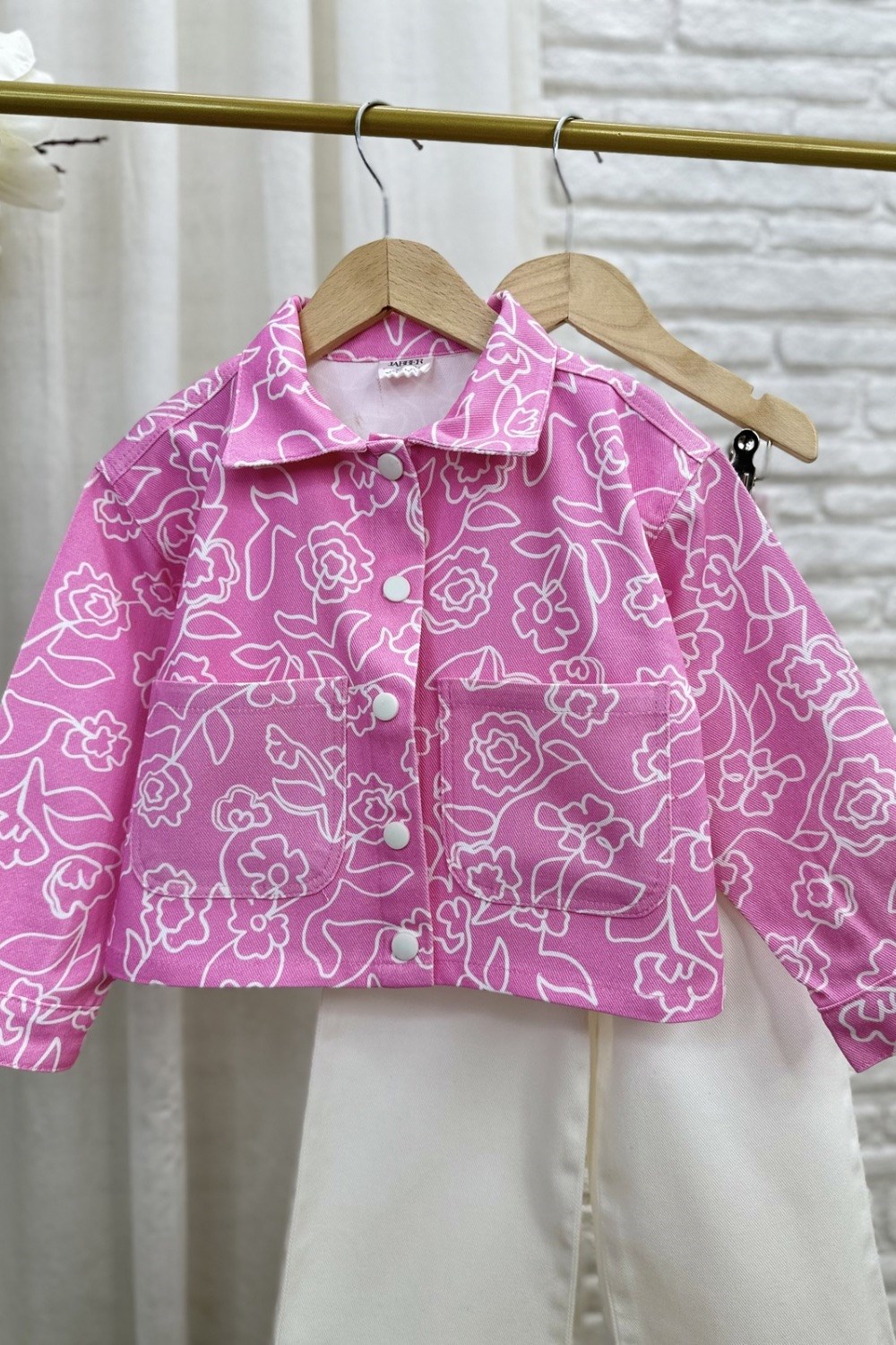 Kız Çocuk Pembe Çiçekli Denim İkili Takım