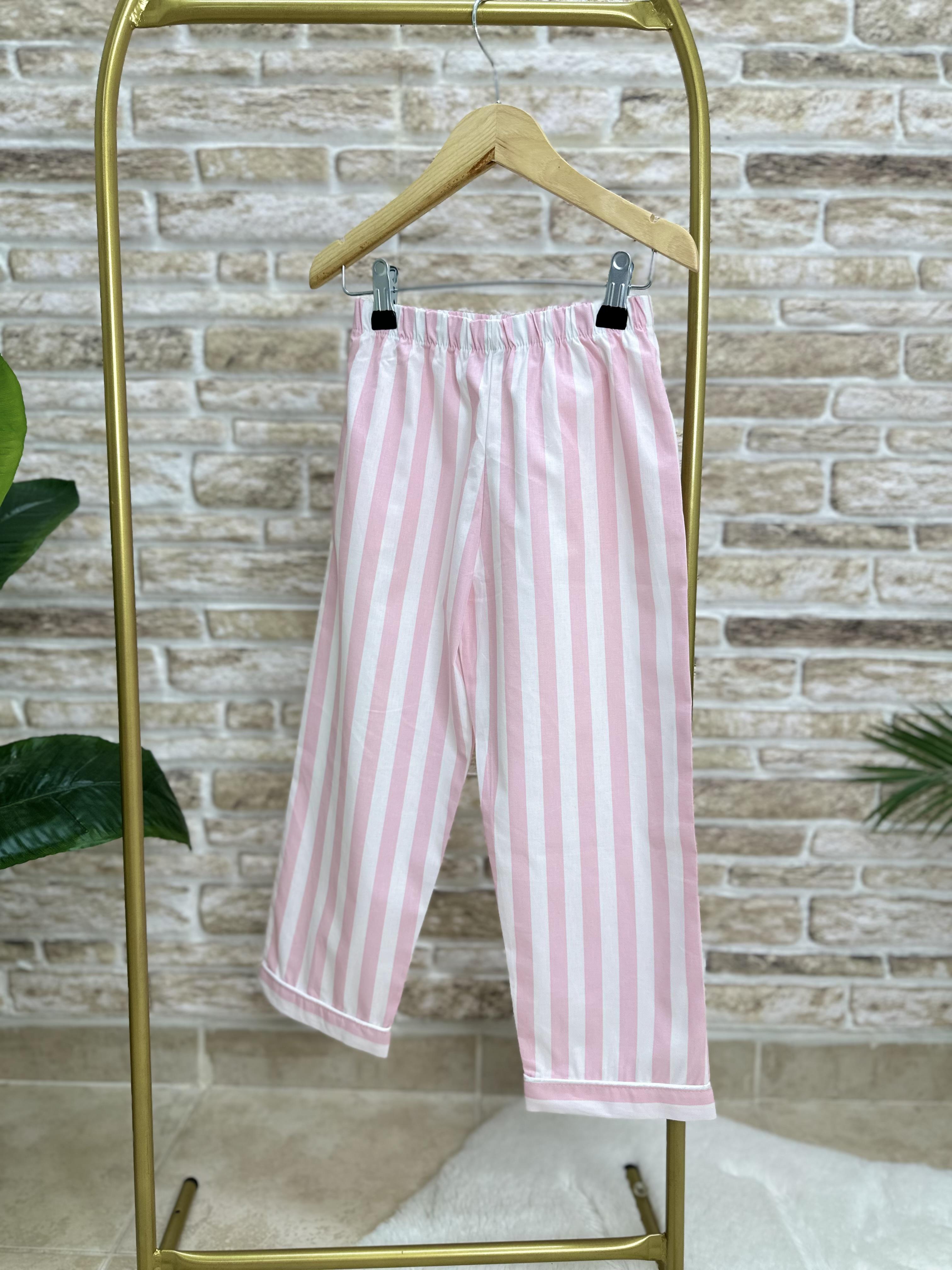 Kız Çocuk Pembe Çizgili Çantalı Pijama Takım