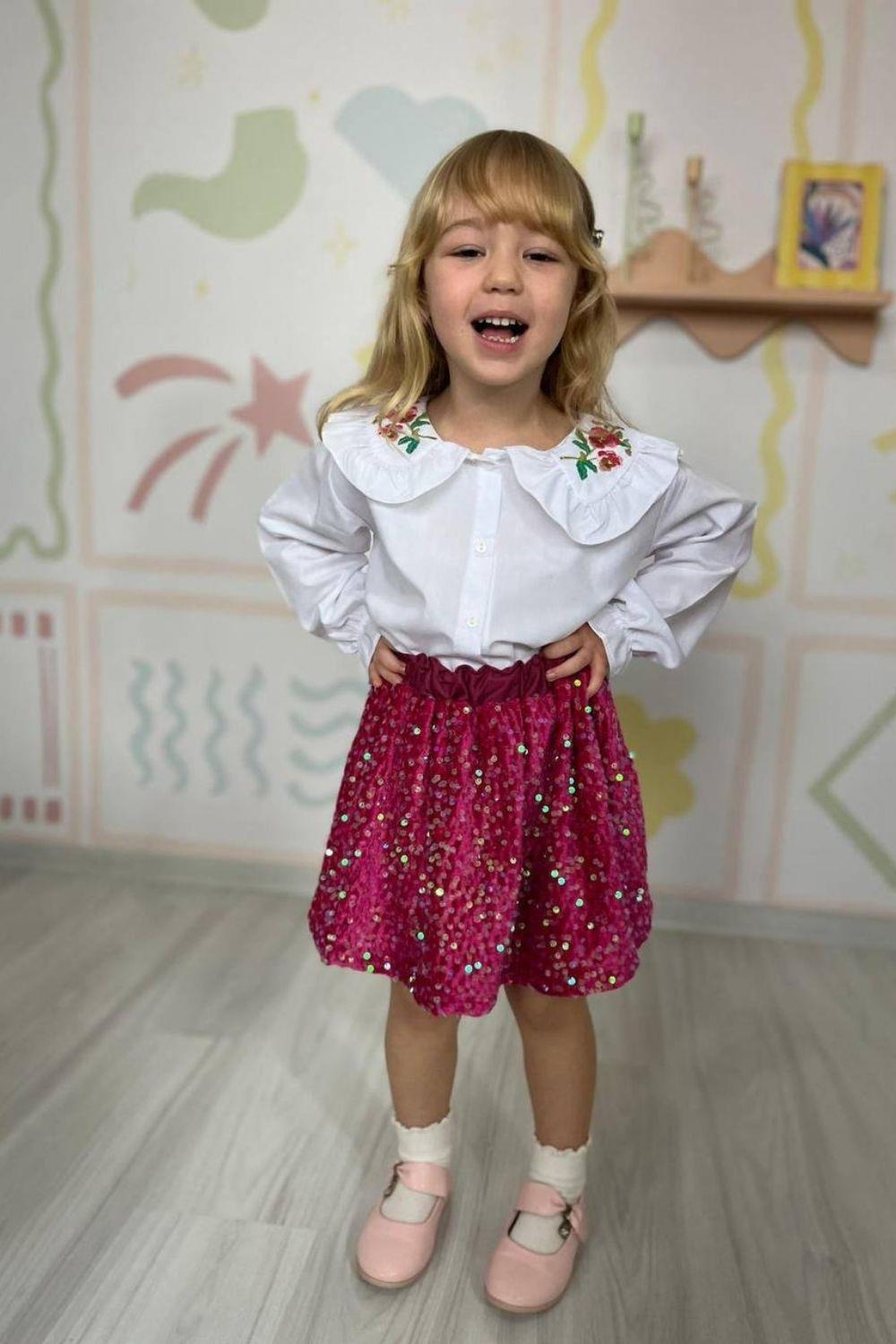 Kız Çocuk Pul Payetli Etekli Fuşya Takım