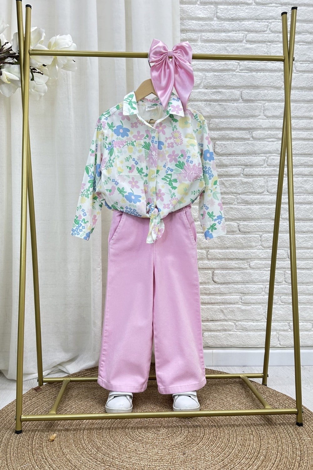 Kız Çocuk Renkli Gömlek Pembe Denim Takım