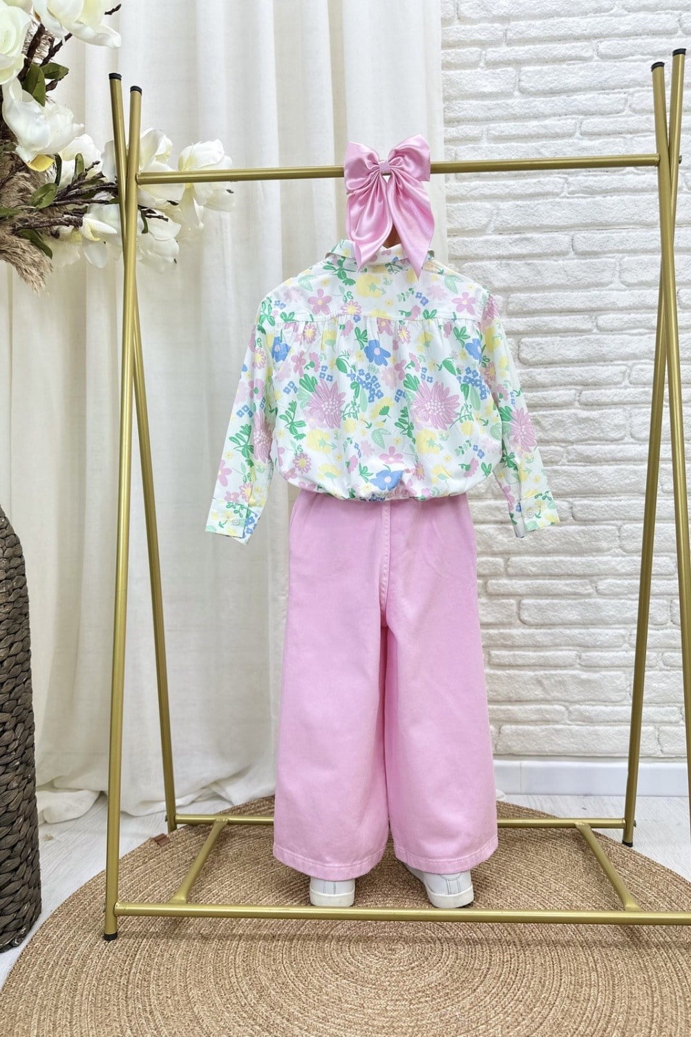 Kız Çocuk Renkli Gömlek Pembe Denim Takım