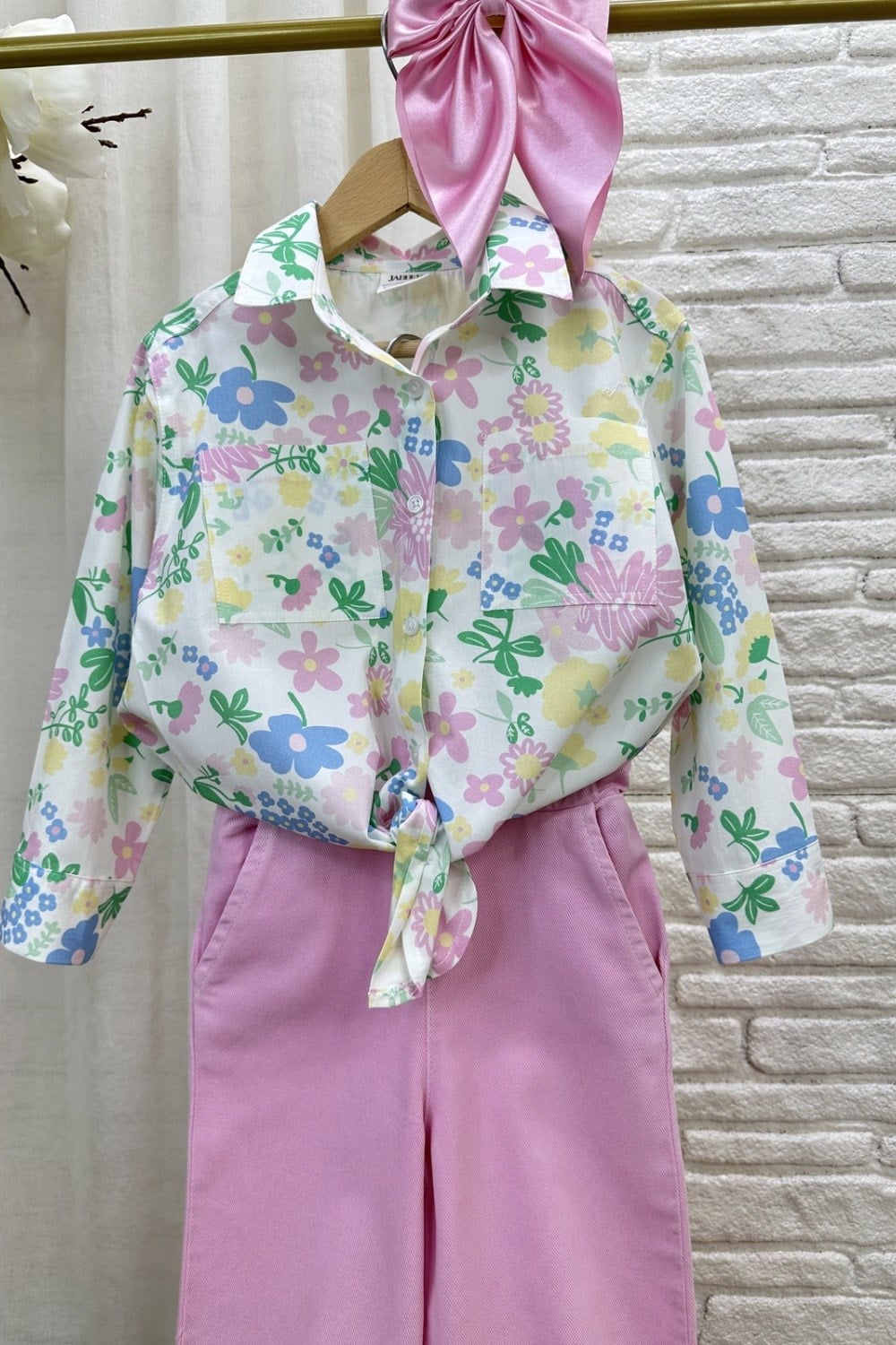 Kız Çocuk Renkli Gömlek Pembe Denim Takım