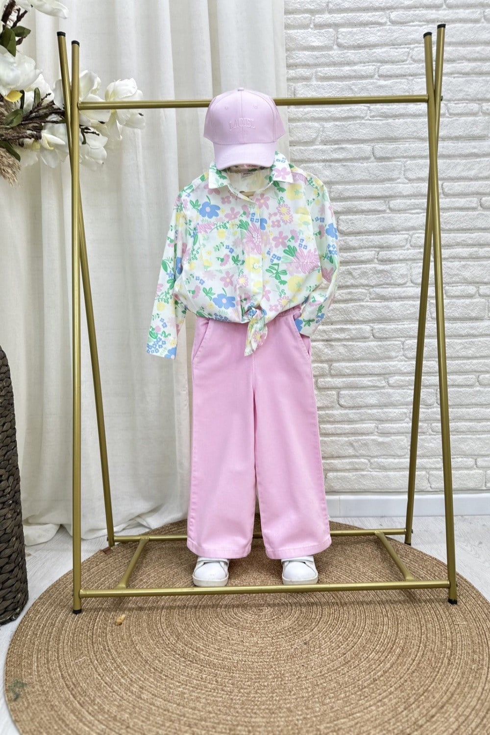 Kız Çocuk Renkli Gömlek Pembe Denim Takım
