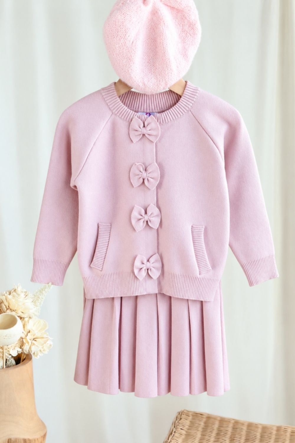 Kız Çocuk Şapka Dahil  Hırkalı Etekli Triko Pembe  Takım