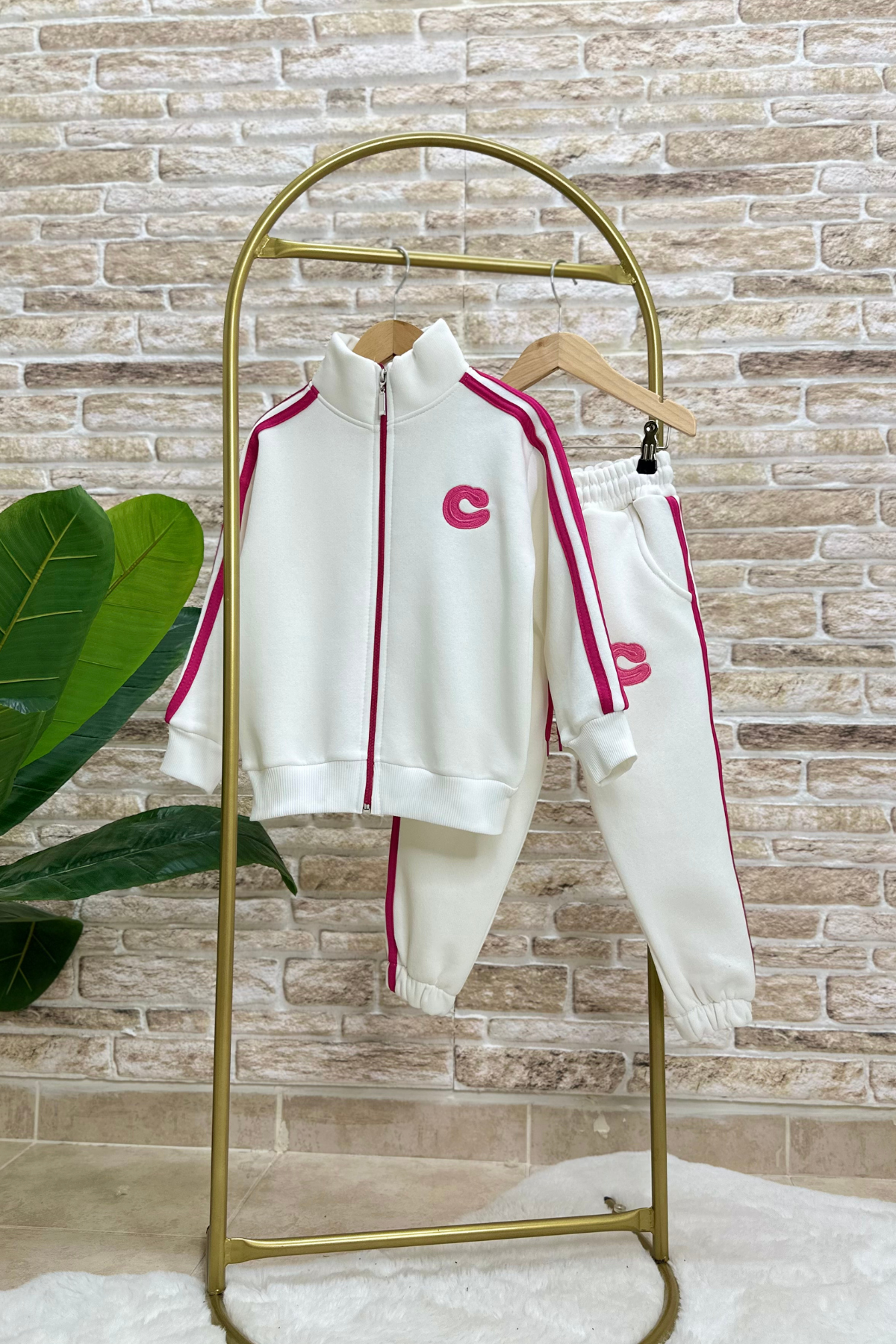 Kız Çocuk Şardonlu Fermuarlı Pembe  Şeritli Takım