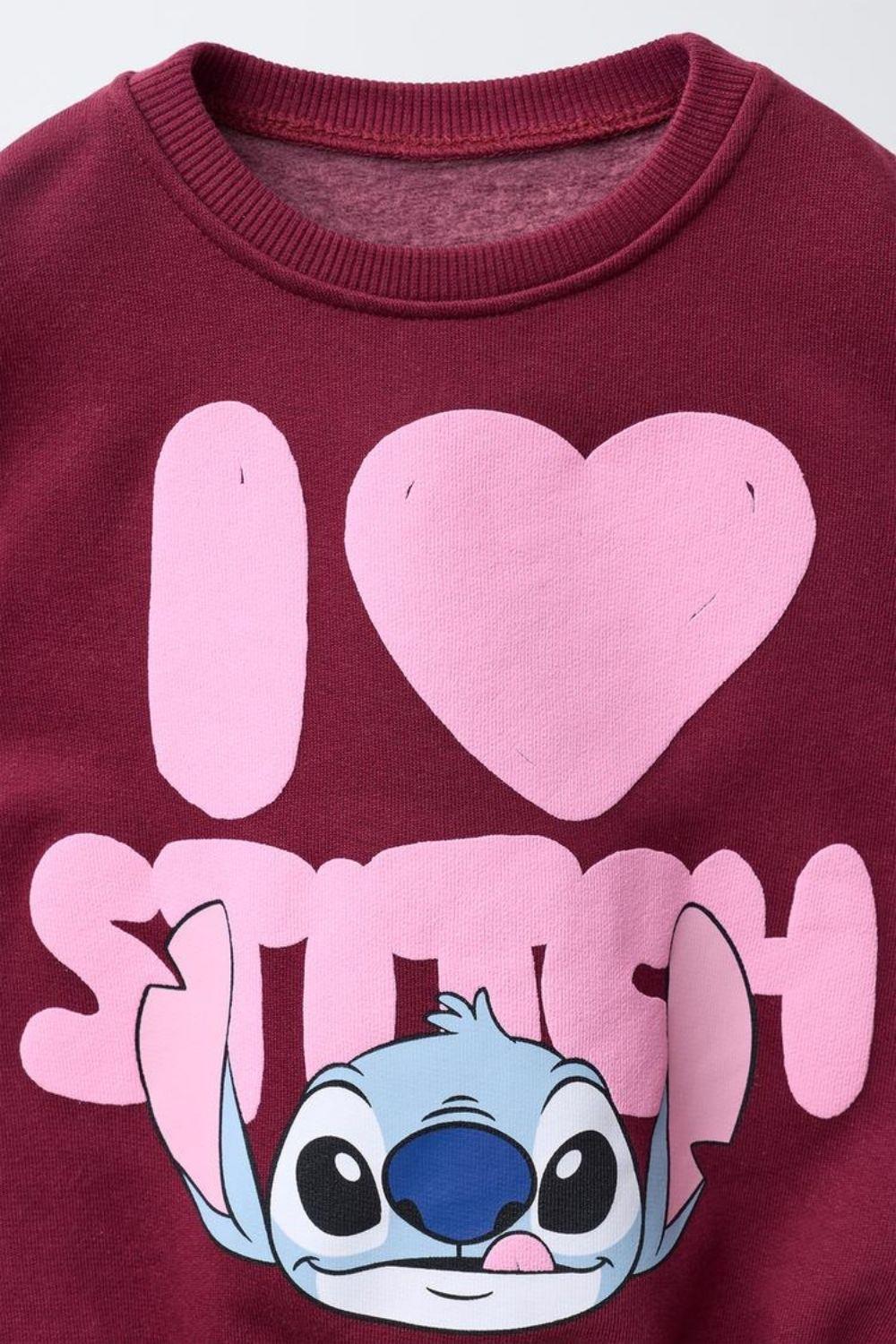 Kız Çocuk Stitch Şardonlu Bordo Taytlı Takım