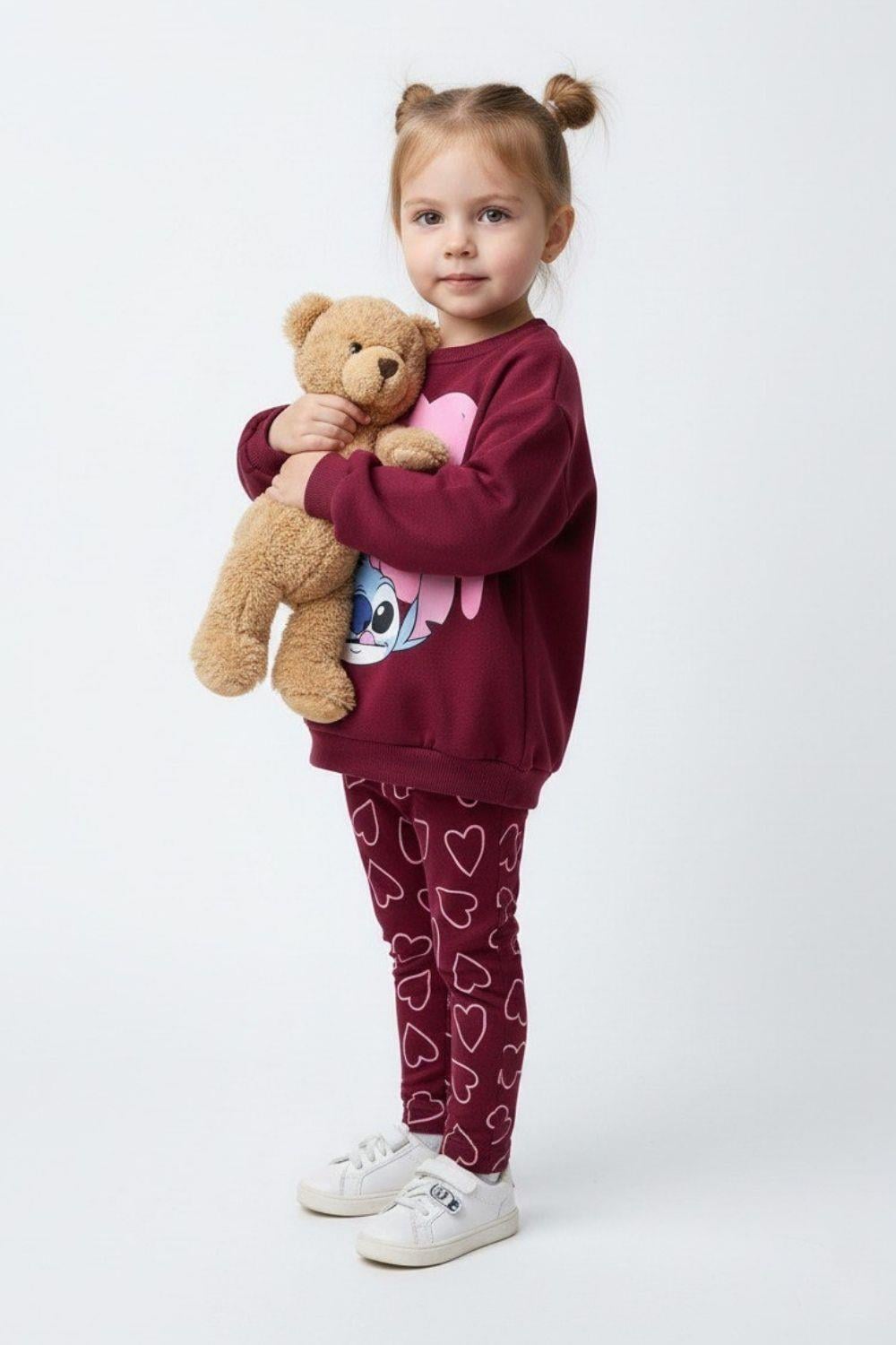Kız Çocuk Stitch Şardonlu Bordo Taytlı Takım