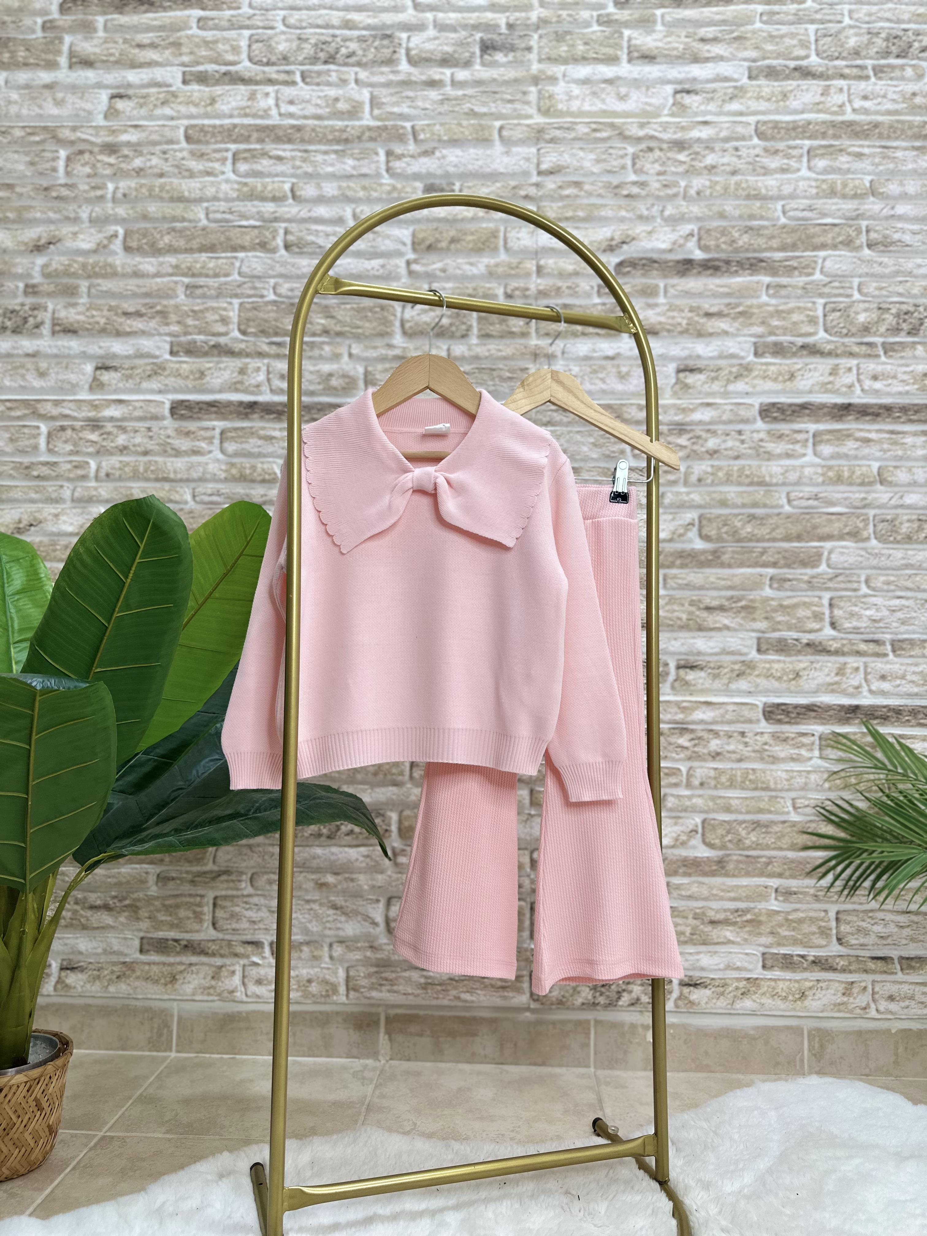 Kız Çocuk Triko Pembe İspanyol Taytlı Takım