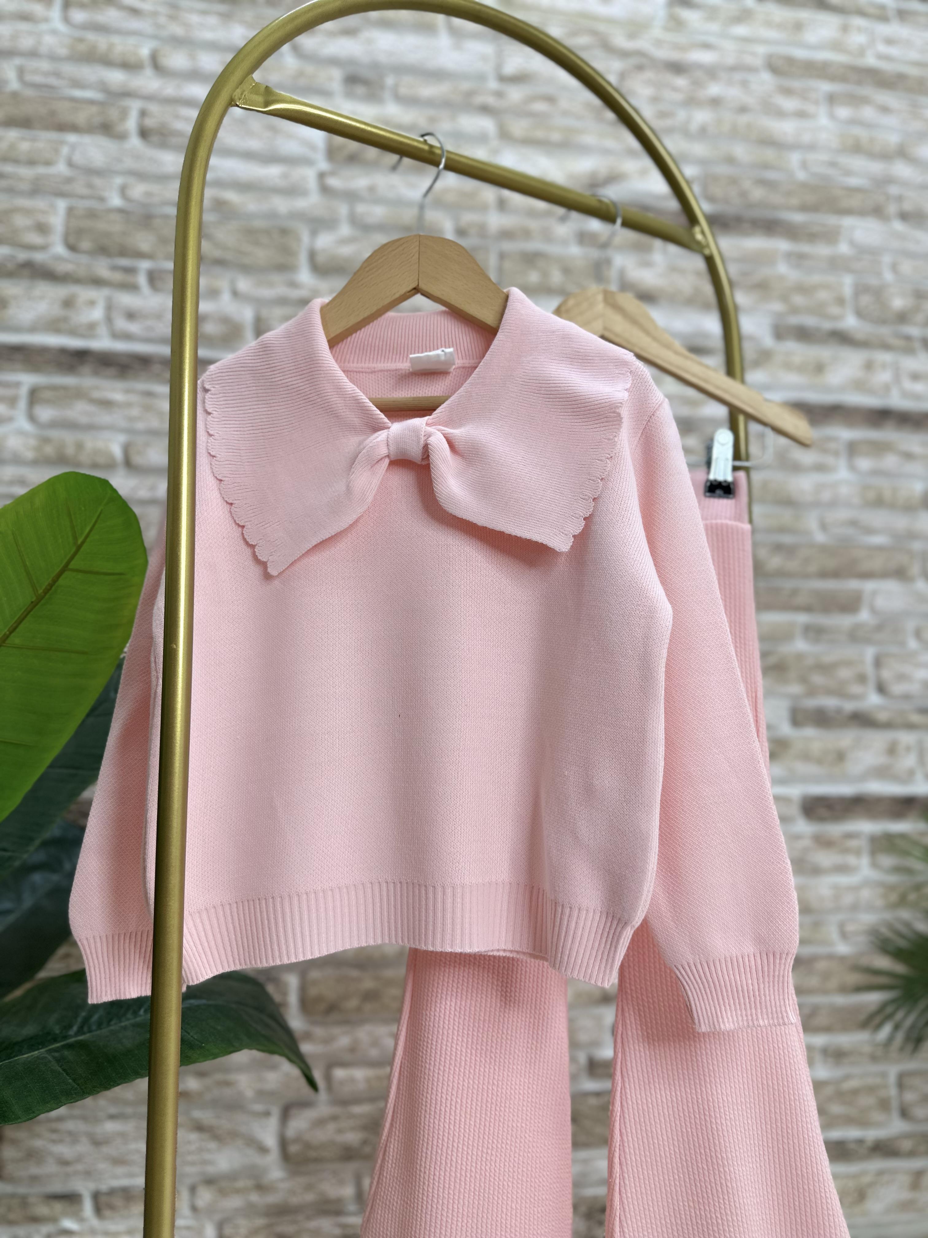 Kız Çocuk Triko Pembe İspanyol Taytlı Takım