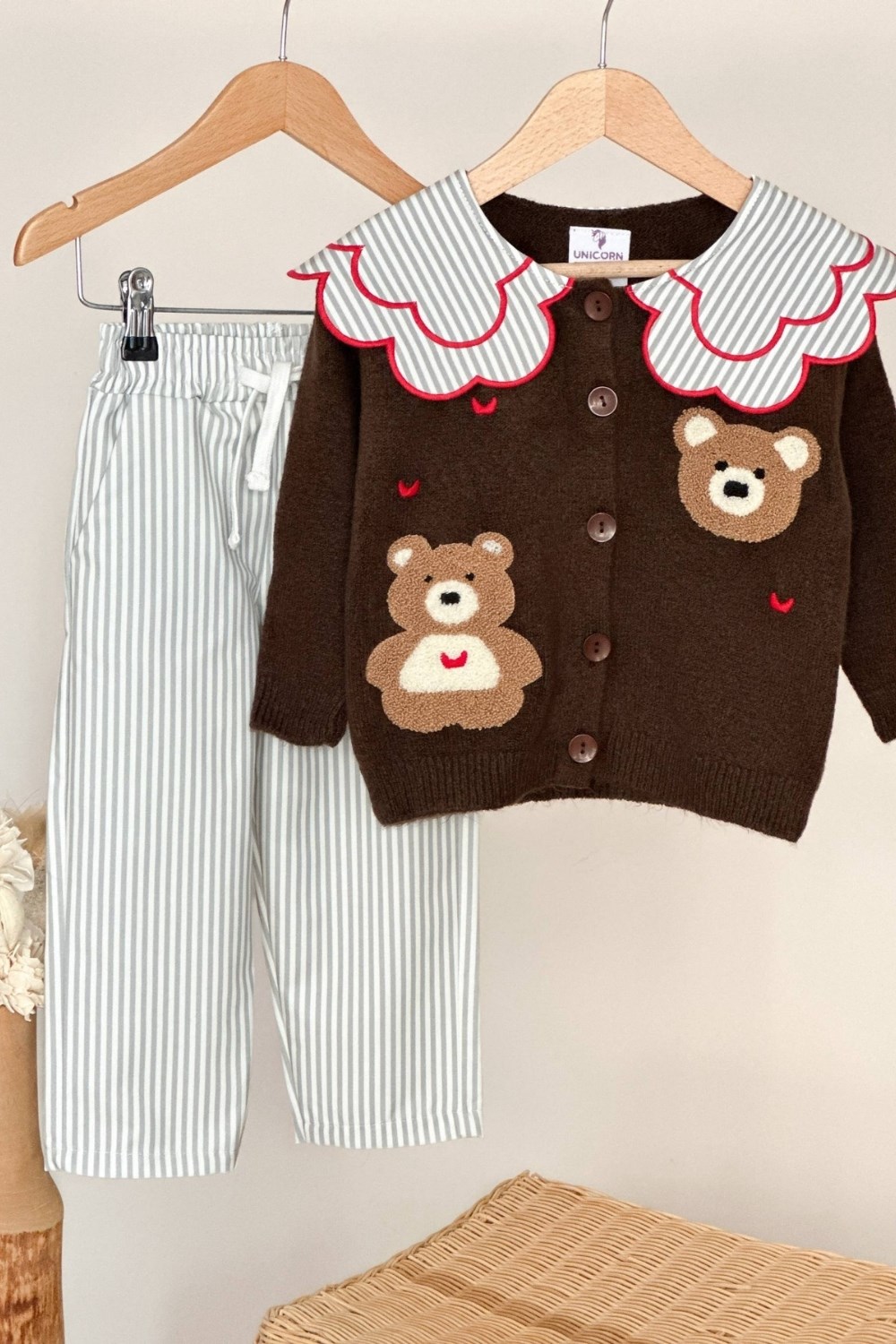 Kız Çocuk Triko Yakalı & Gabardin Pantolon Kahve Takım