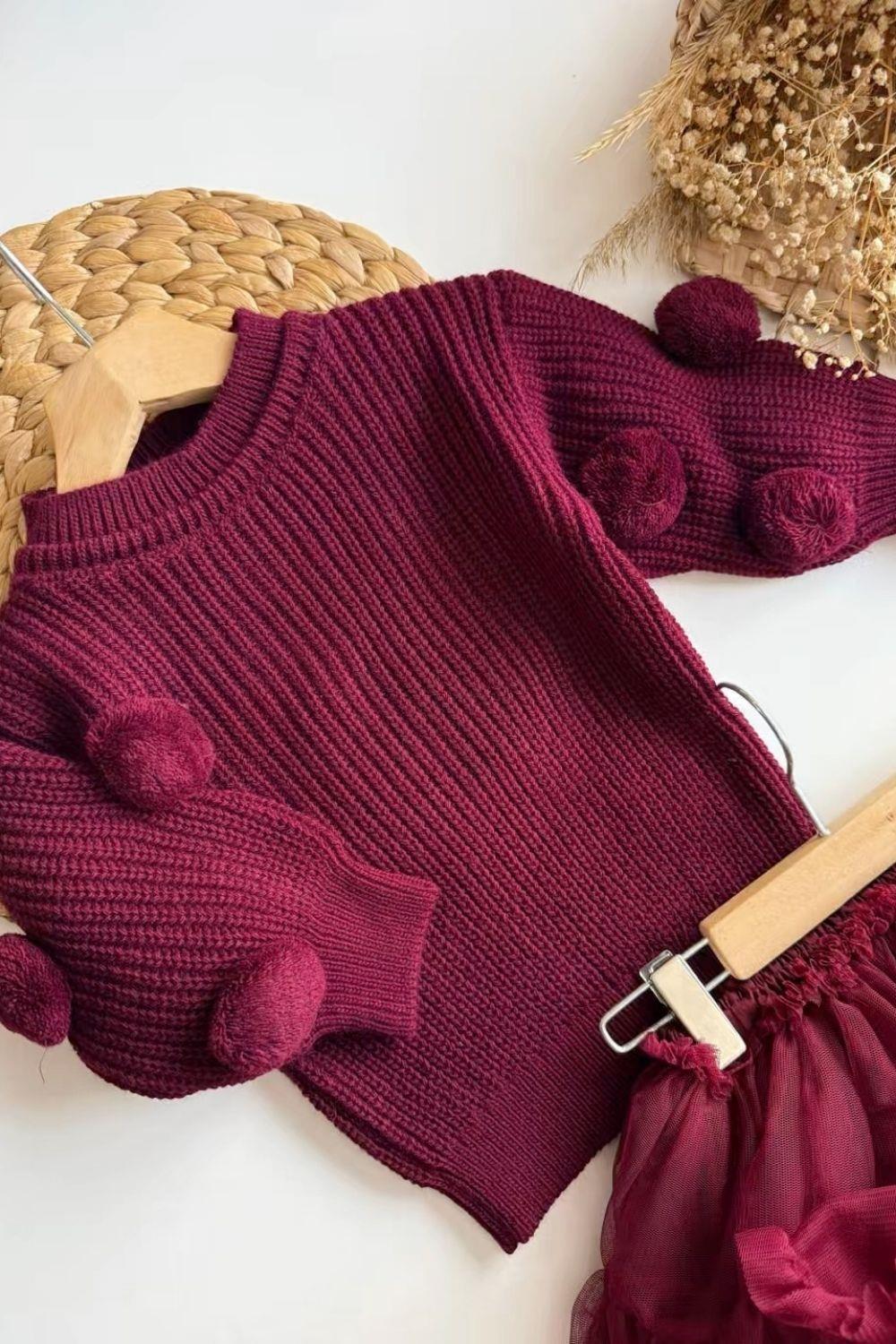 Kız Çocuk Tütü Etek & Ponponlu  Triko Bordo Takım