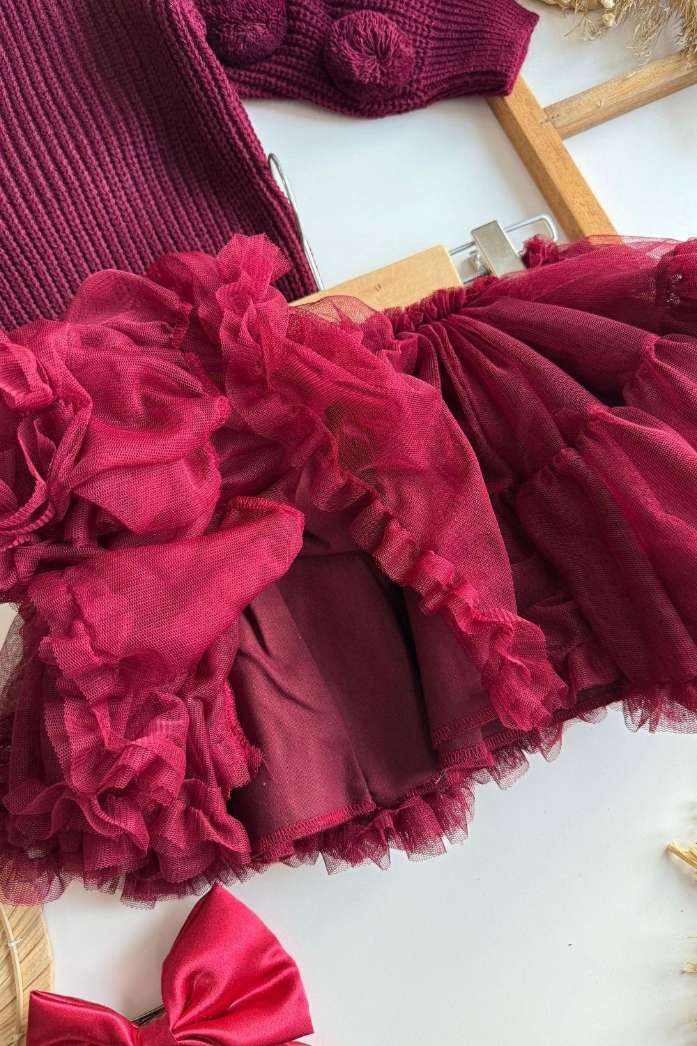 Kız Çocuk Tütü Etek & Ponponlu  Triko Bordo Takım