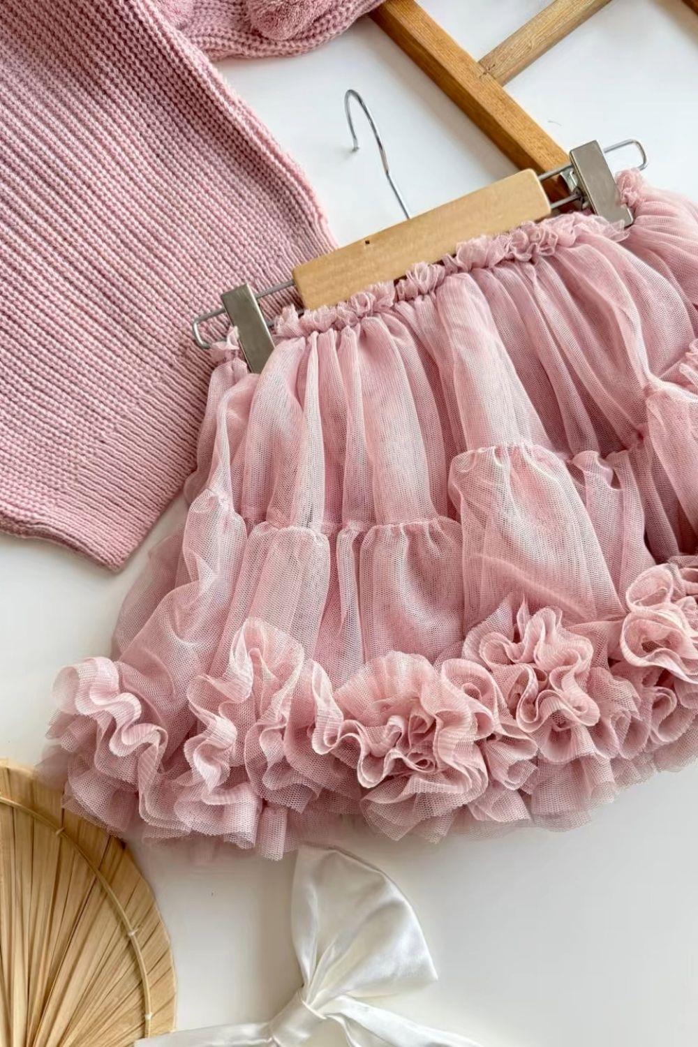 Kız Çocuk Tütü Etek & Ponponlu  Triko Pembe Takım