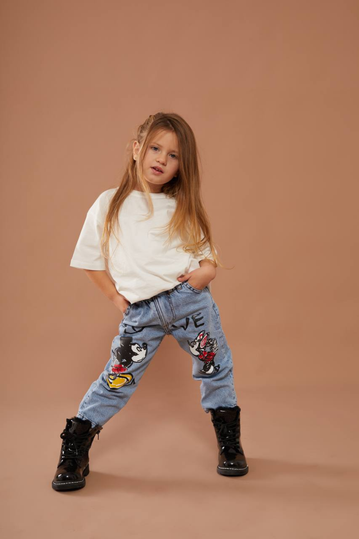 Kız Cocuk Yüksek Bel Minnie & Mickey Jean Pantolon