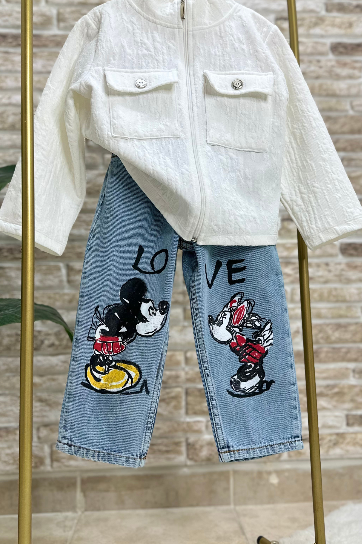 Kız Cocuk Yüksek Bel Minnie & Mickey Jean Pantolon