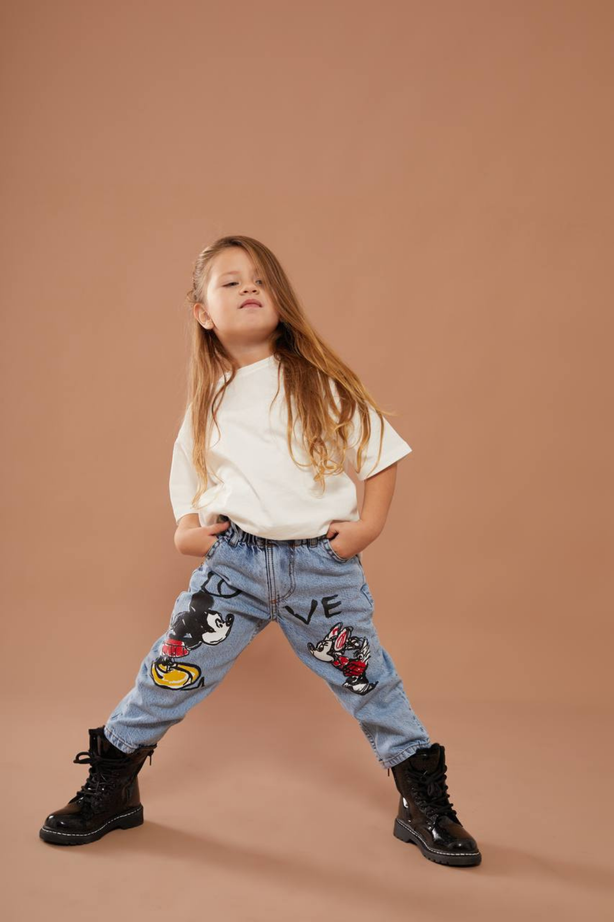 Kız Cocuk Yüksek Bel Minnie & Mickey Jean Pantolon