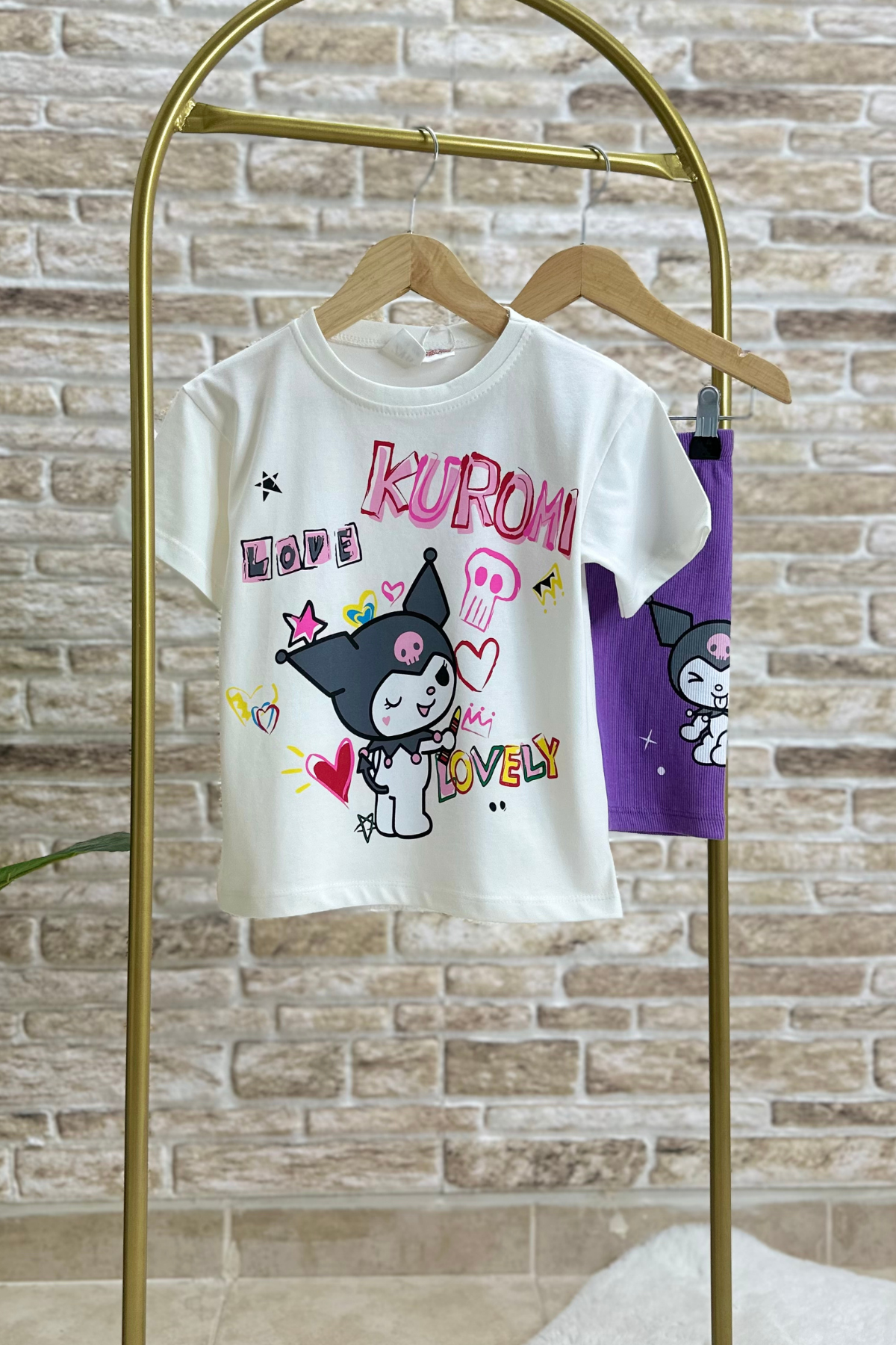 Kuromi Mor Fitilli Biker Tayt Takım