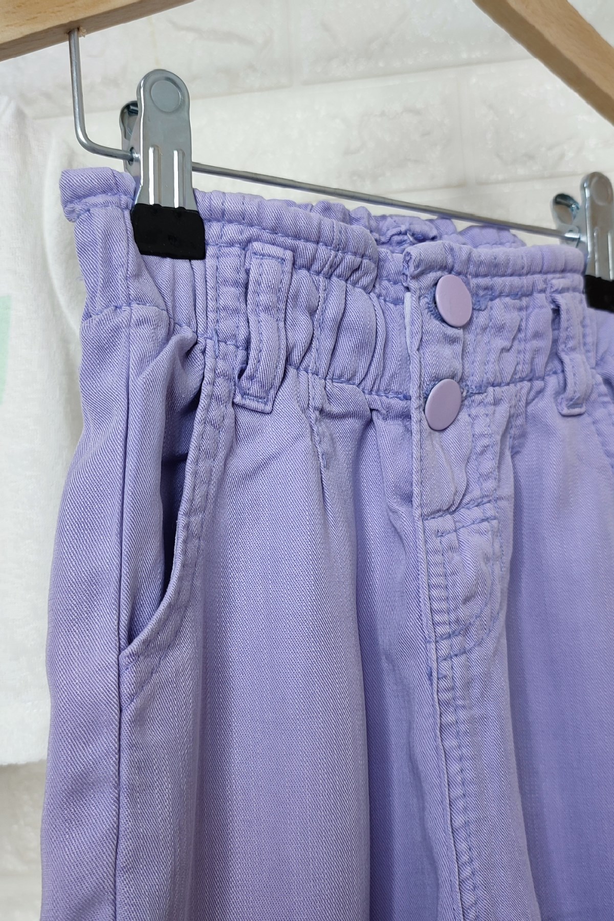Lila Yüksek Bel Beli Lastikli Pantolon
