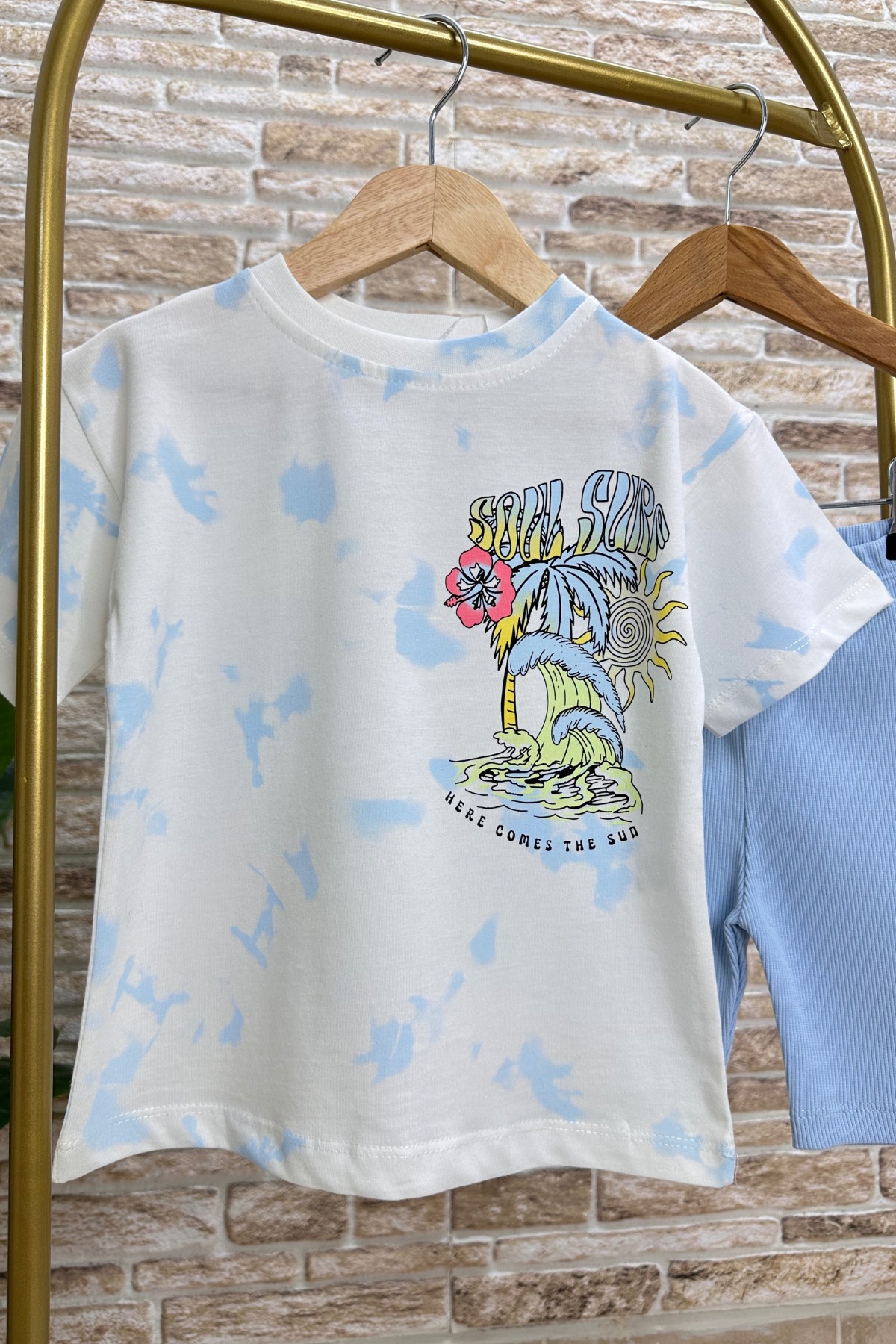 Mavili Surf Baskı Biker Tayt Takım