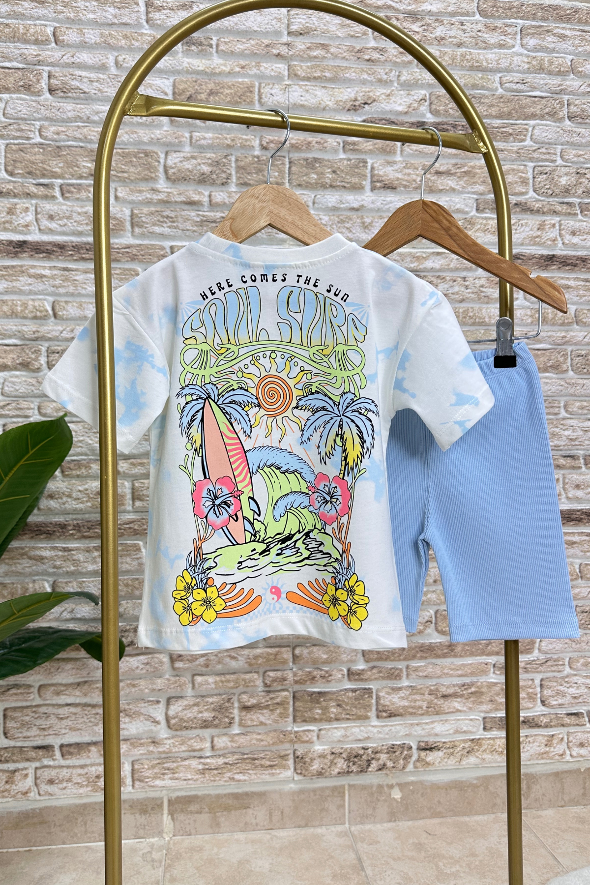 Mavili Surf Baskı Biker Tayt Takım