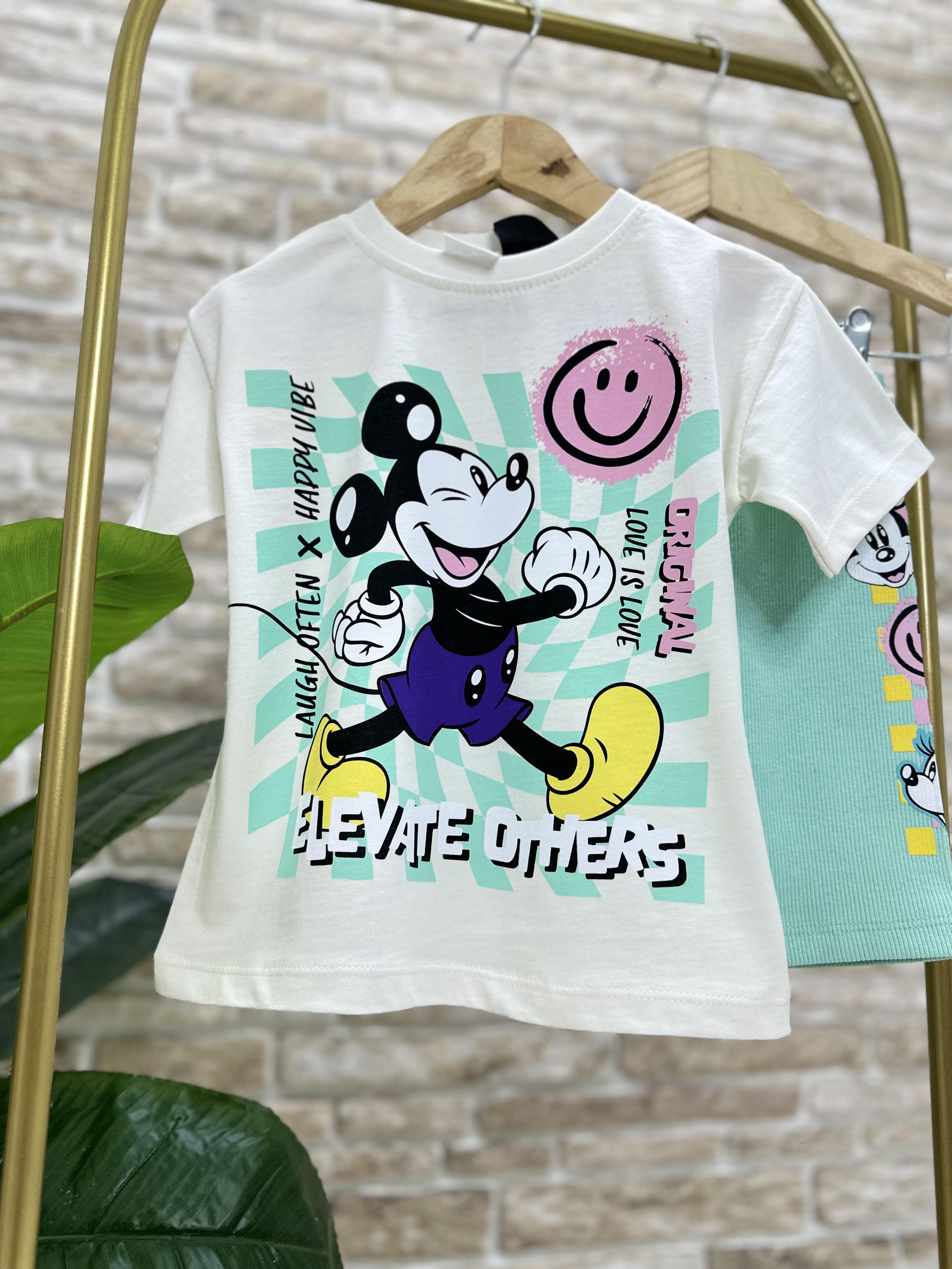 Mickey Beyaz Yeşil Biker Tayt Takım
