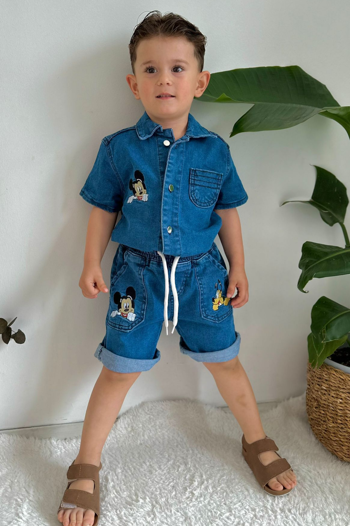 Mickey Goofy Denim Şortlu Takım