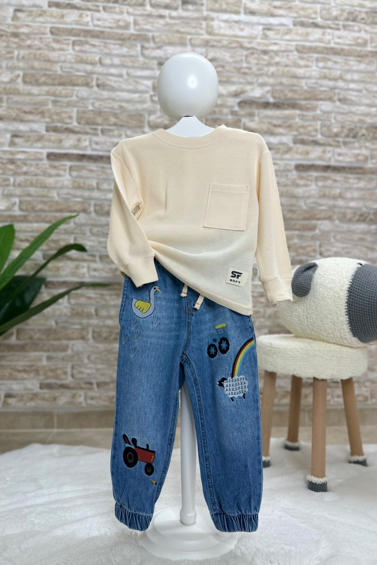 Unisex Çocuk Paçası Ve Beli Lastikli Jean Pantolon