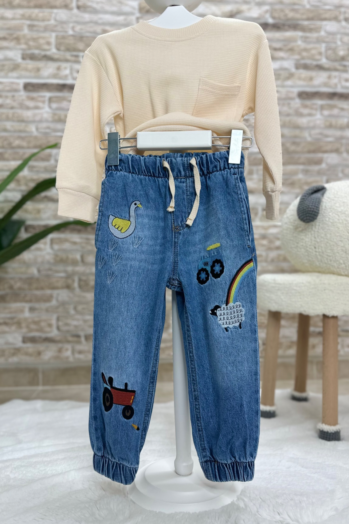Unisex Çocuk Paçası Ve Beli Lastikli Jean Pantolon