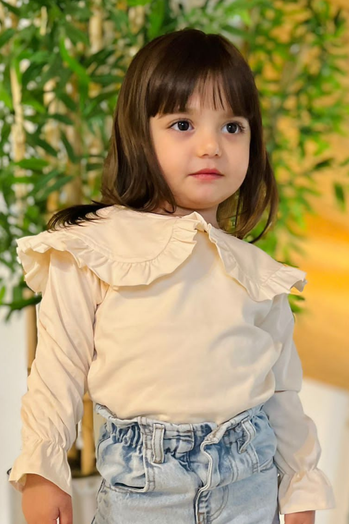 Kız Çocuk Pamuklu Penye Uzun Kol Bebe Yaka Krem Bluz