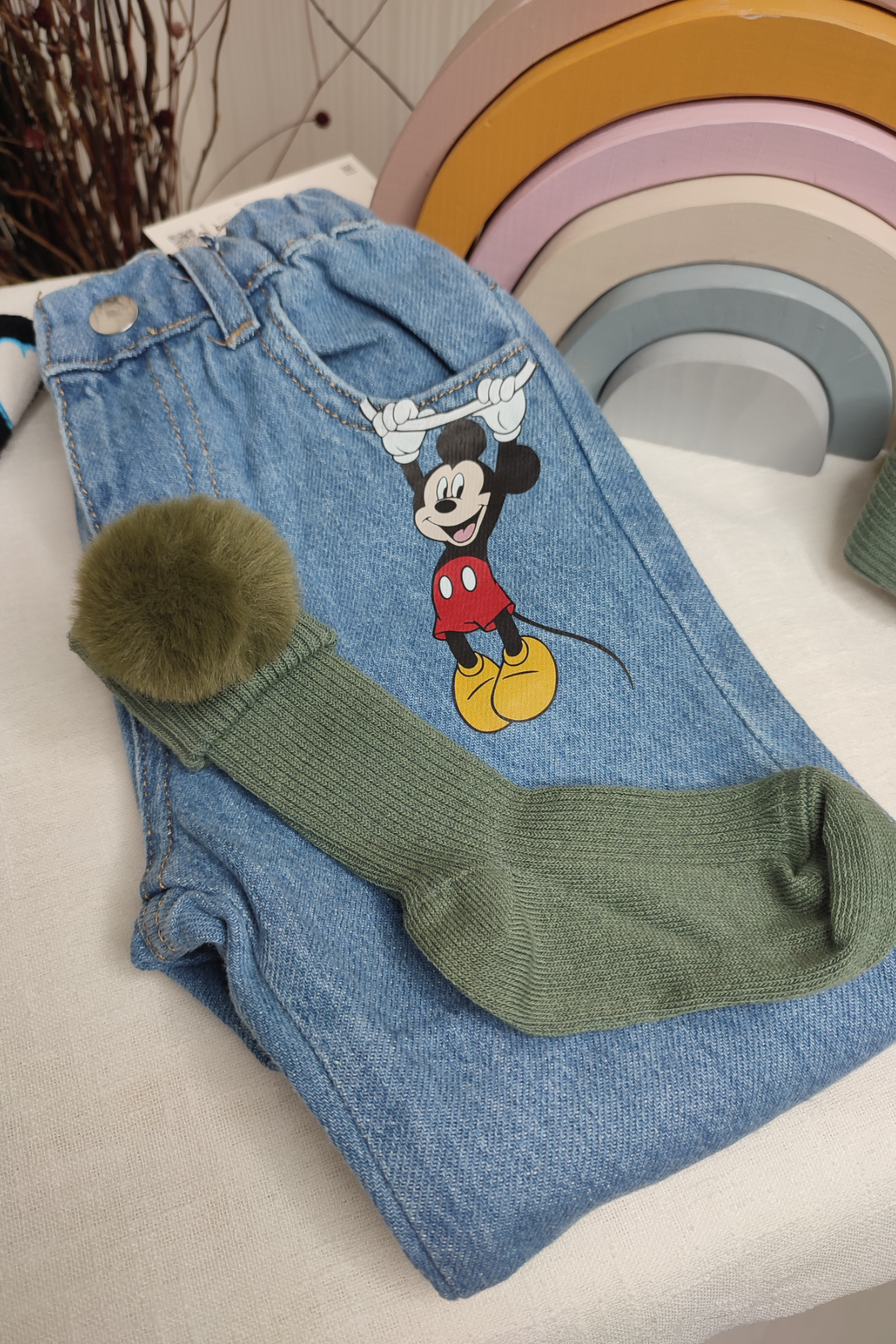 Ponponlu Haki Diz Altı Çorap