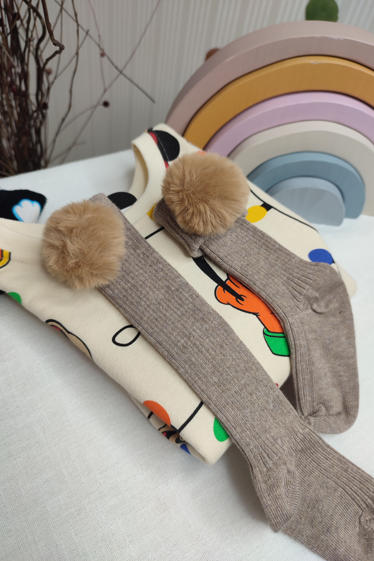 Ponponlu Kahve Diz Altı Çorap