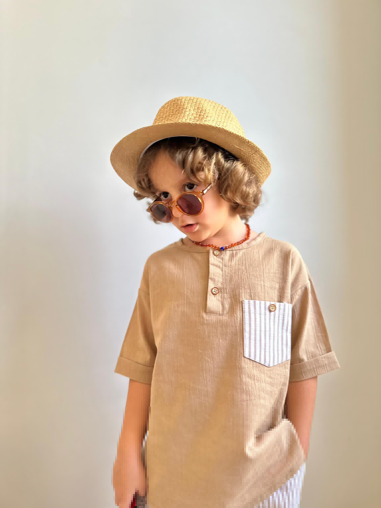 Şort Çizgili Gömlekli Kahve Takım