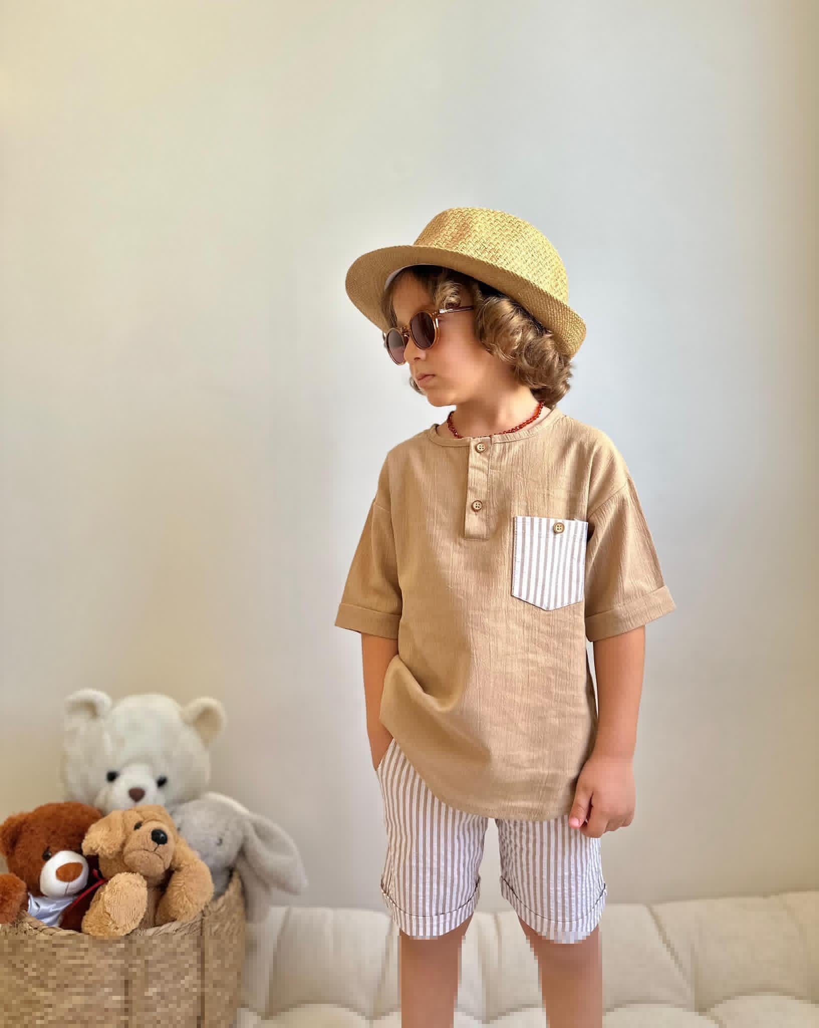 Şort Çizgili Gömlekli Kahve Takım