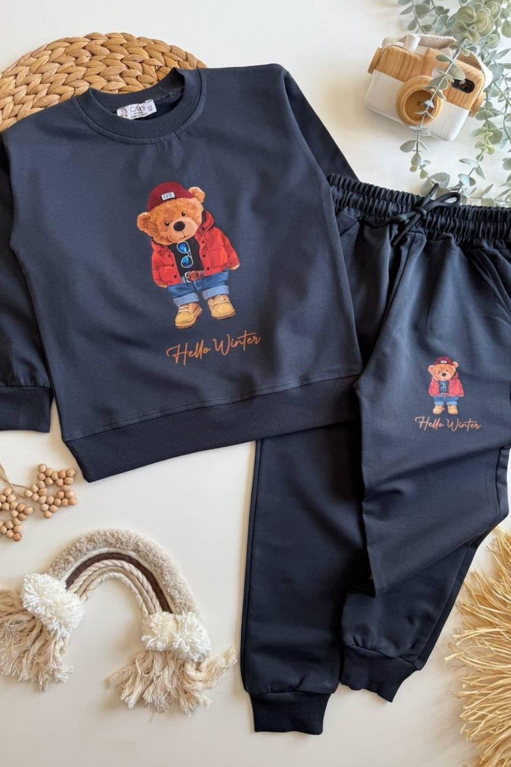 Unisex 2 İplik Hello Ayıcıklı Antrasit Takım