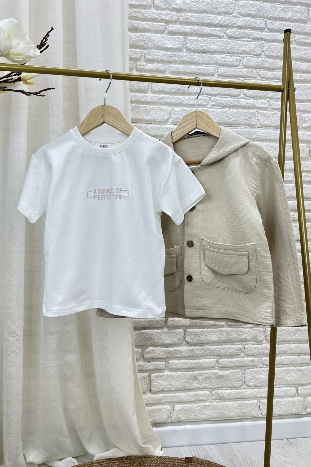 Unisex 2li Üst Tshirt Dahil Müslin Krem Takım