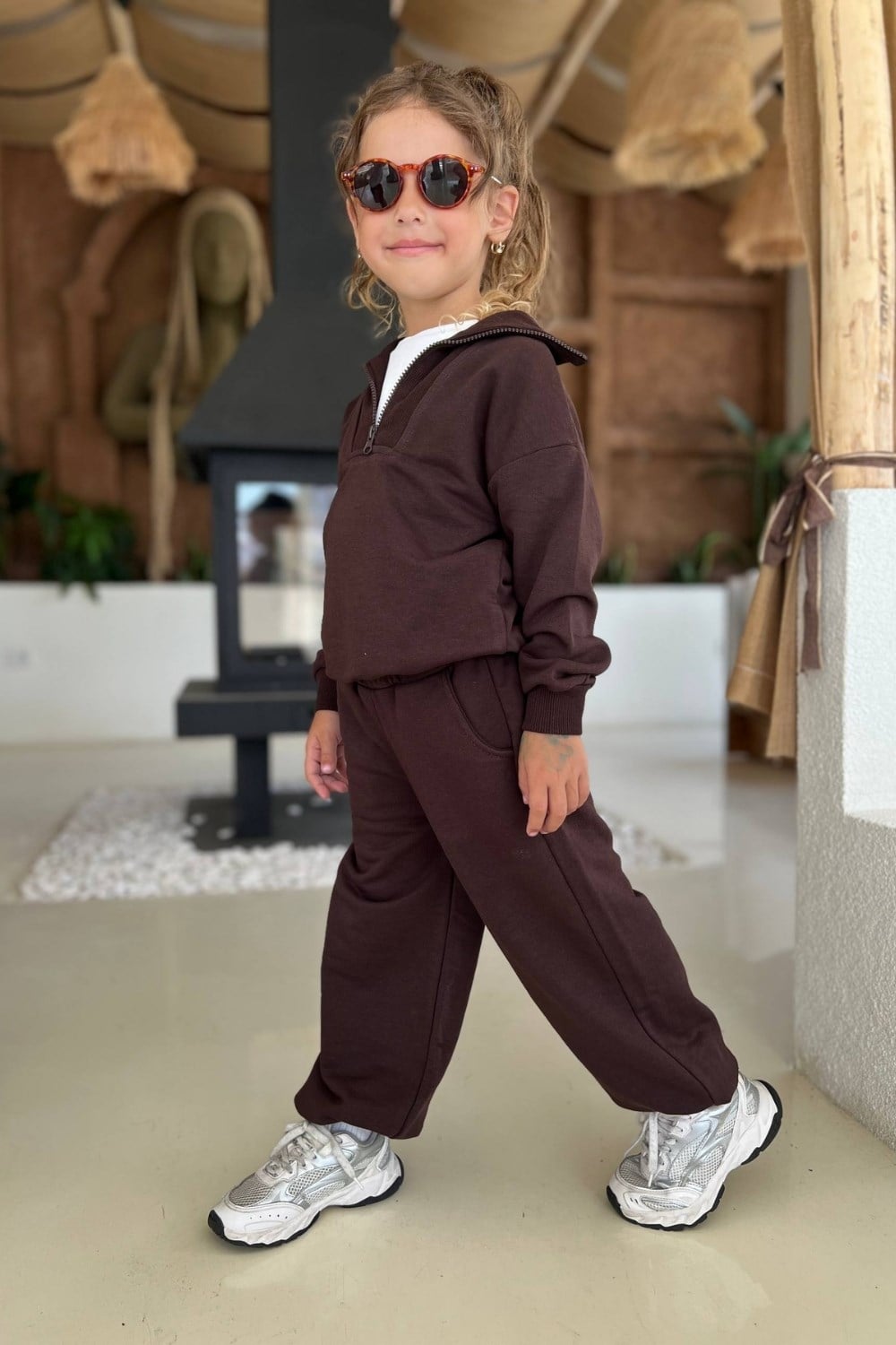 Unisex 3 İplik Balıkçı Yaka Fermuarlı Kahve Takım